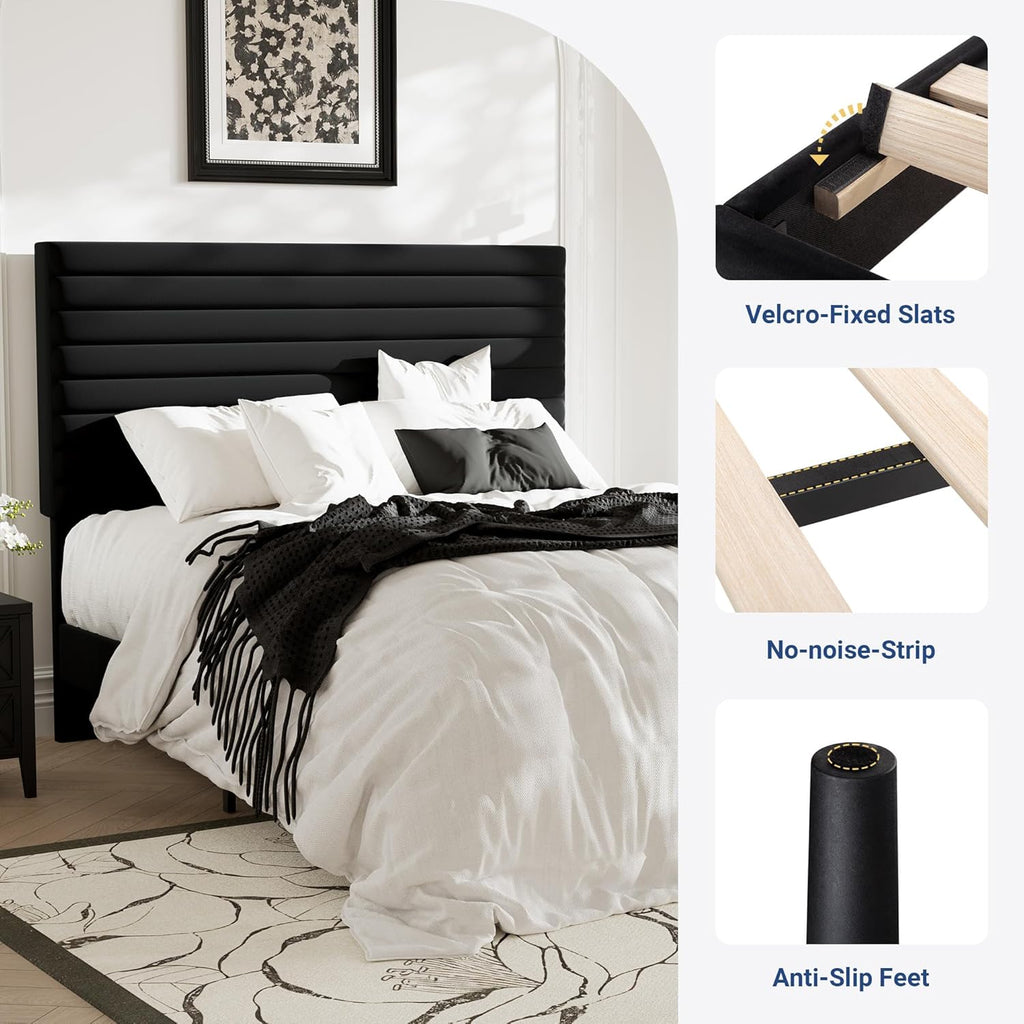 Allewie Queen Bed Frame, Velvet Upholstered Platform Bed with Adjustable Headboard, Horizontal Channel Design, Wood Slat Support, No Box Spring Needed, Noise Free, Easy Assembly, Black