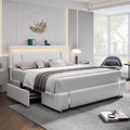 Keyluv King Size Bed Frame with RGB LED Lights & 2 Storage Drawers, Modern Upholstered Platform Bed with Iron Metal Decor, USB Charging Ports, White