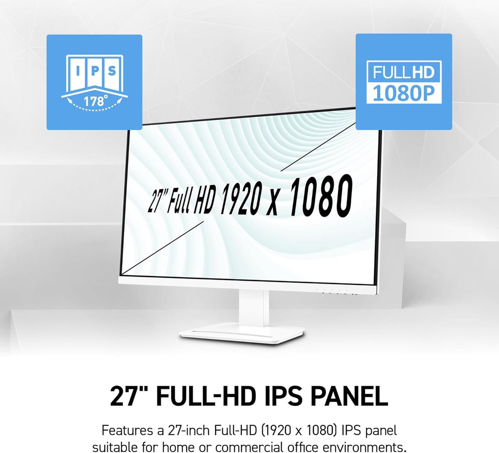 msi PRO MP273W E14A 27-inch IPS 1920 x 1080 (FHD) Gaming Office Monitor, 144Hz, Free-Synch, HDMI, DisplayPort, VGA Port, VESA Mountable, Tilt, Speaker, 4-Side Slim Bezel 1ms, White