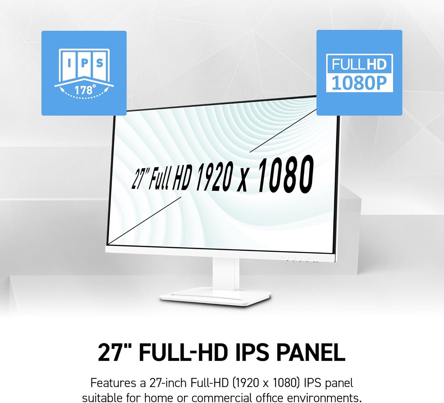 msi PRO MP273W E14A 27-inch IPS 1920 x 1080 (FHD) Gaming Office Monitor, 144Hz, Free-Synch, HDMI, DisplayPort, VGA Port, VESA Mountable, Tilt, Speaker, 4-Side Slim Bezel 1ms, White