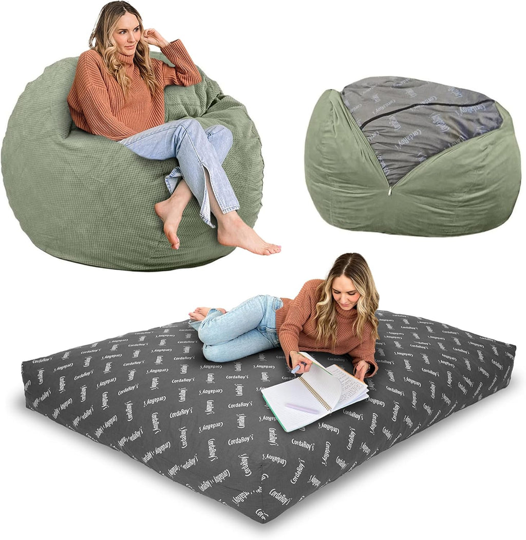 CordaRoy's Chenille Bean Bag Chair, Convertible Chair Folds from Bean Bag to Lounger, As Seen on Shark Tank, Moss - Full Size