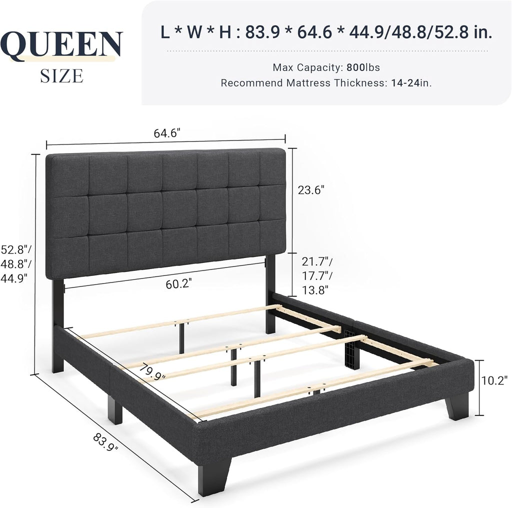 Allewie Queen Size Panel Bed Frame with Adjustable Headboard for High Profile/Fabric Upholstered/Square Stitched Padded Headboard/Box Spring or Bunkie Board Required/Dark Grey