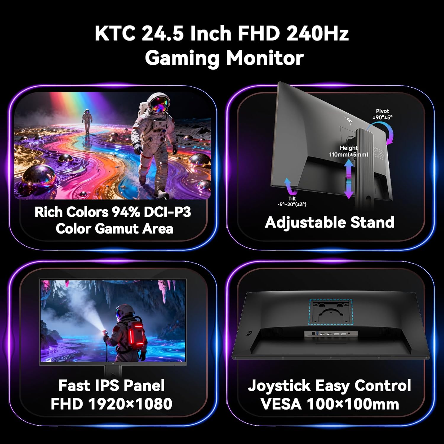 KTC 24.5 Inch 240Hz Gaming Monitor, FHD 1080p Fast IPS Computer Monitor, 1ms with Adaptive-Sync, HDR400, HDMI x2, DPx1, VESA Mount, Tilt/Pivot/Height Adjustment, H25T7-3