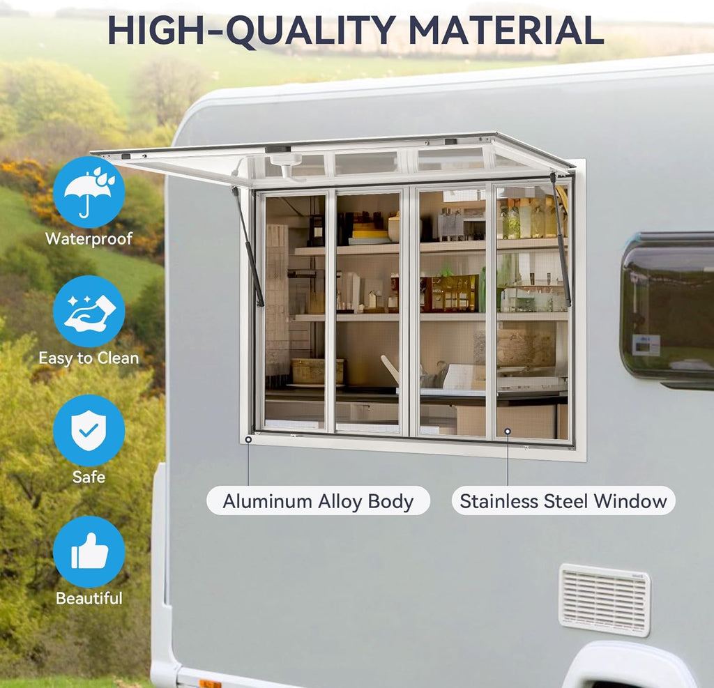 60" x 36" Concession Window for Food Truck, Aluminum Trailer Window with 4 Sliding 304 Stainless Steel Screens, Weatherproof, Lockable 85° Awning Door, w/Hook, No Glass