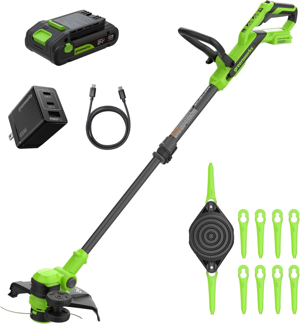 Greenworks 24V 12" Brushless String Trimmer Kit, 2-in-1 Trimmer & Edger, Adjustable Shaft, 3.0Ah USB-C Battery, 65W USB-C Charger, 10 Blades, 3-Year Warranty