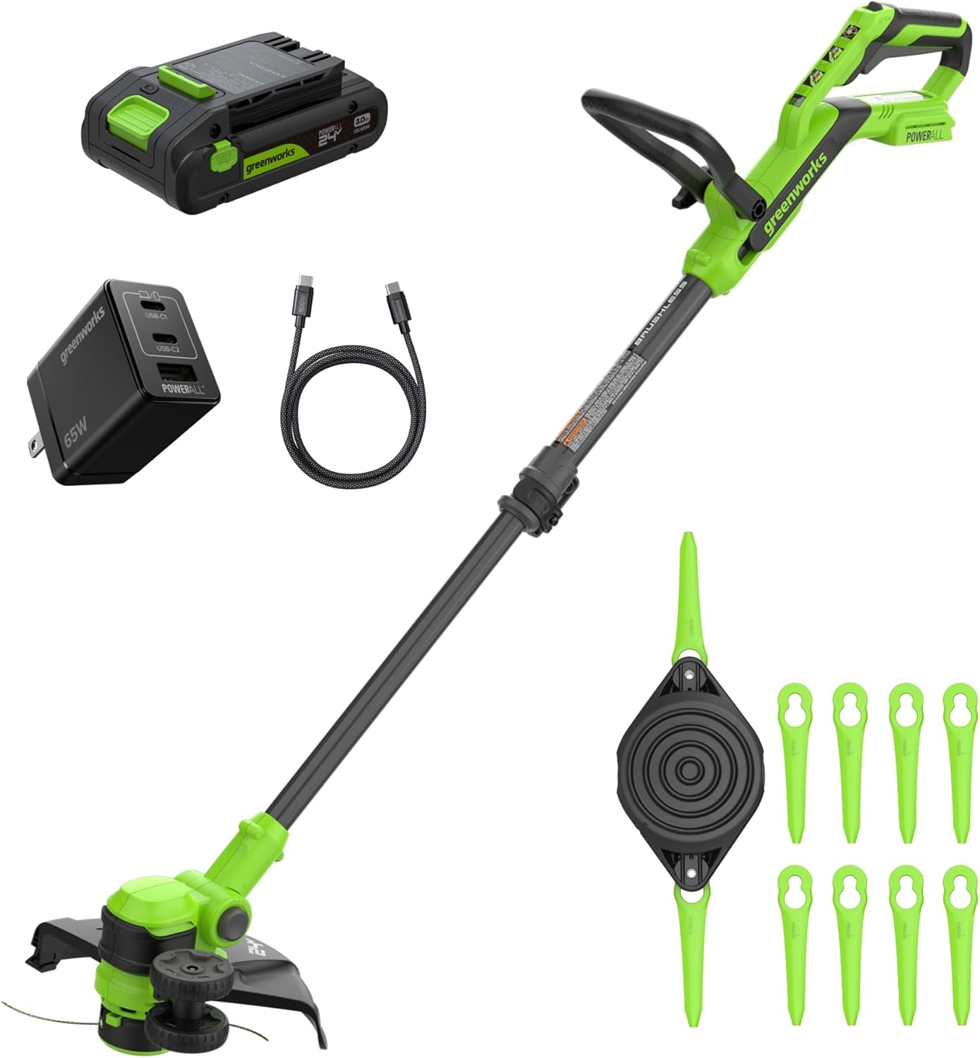 Greenworks 24V 12" Brushless String Trimmer Kit, 2-in-1 Trimmer & Edger, Adjustable Shaft, 3.0Ah USB-C Battery, 65W USB-C Charger, 10 Blades, 3-Year Warranty