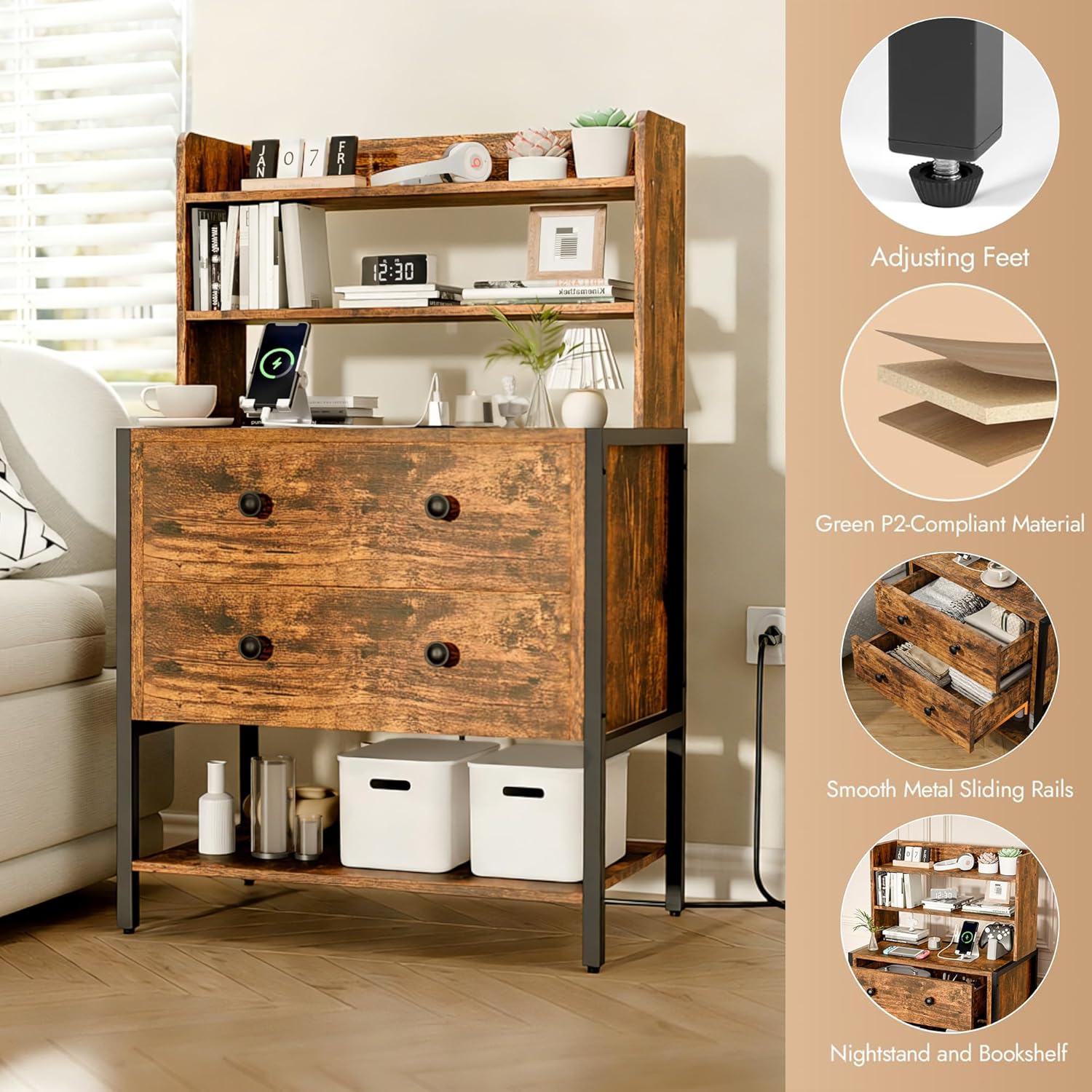 24 Inch Wide Night Stand, Large Wooden Night Stand with 2 Adjustable Drawes, Tall Nightstand with 4-Tier Shelves and Charging Station, Bedside Table for Living Room/Bedroom/Office, Retro.