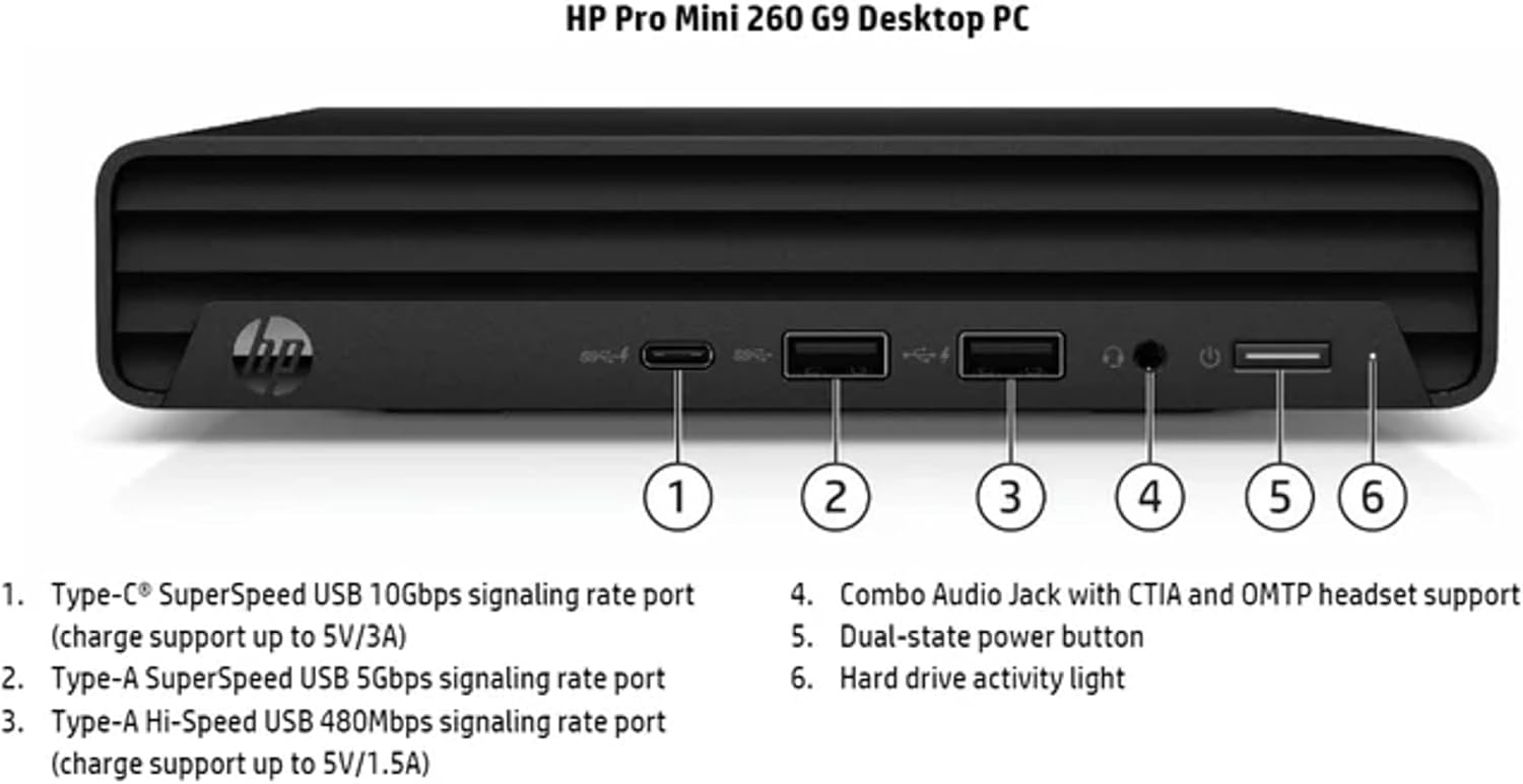 HP 260 G9 Mini Pro Desktop Computer, Intel i3-1315U, 16GB RAM, 512GB NVMe SSD, 2- Monitor Support 4K, HDMI, VGA, USB Type-C, WiFi 6, Bluetooth 5.3, Windows 11 Pro, Black