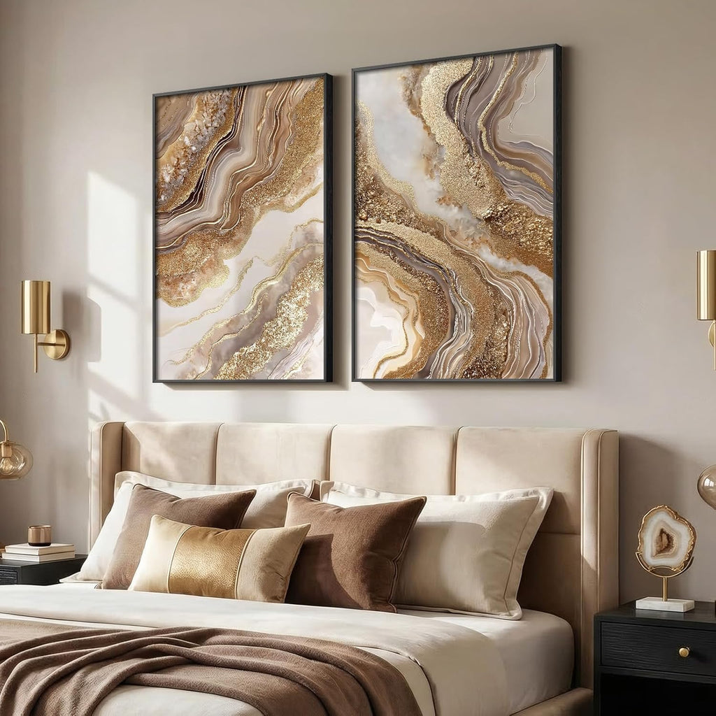 Framed Abstract Brown Gold Wall Art for Living Room, 2 Piece Large Modern Luxury Artwork for Walls, Contemporary Bright Style Picture Prints Paintings for Bedroom Dining Room Office 24x36 Inch
