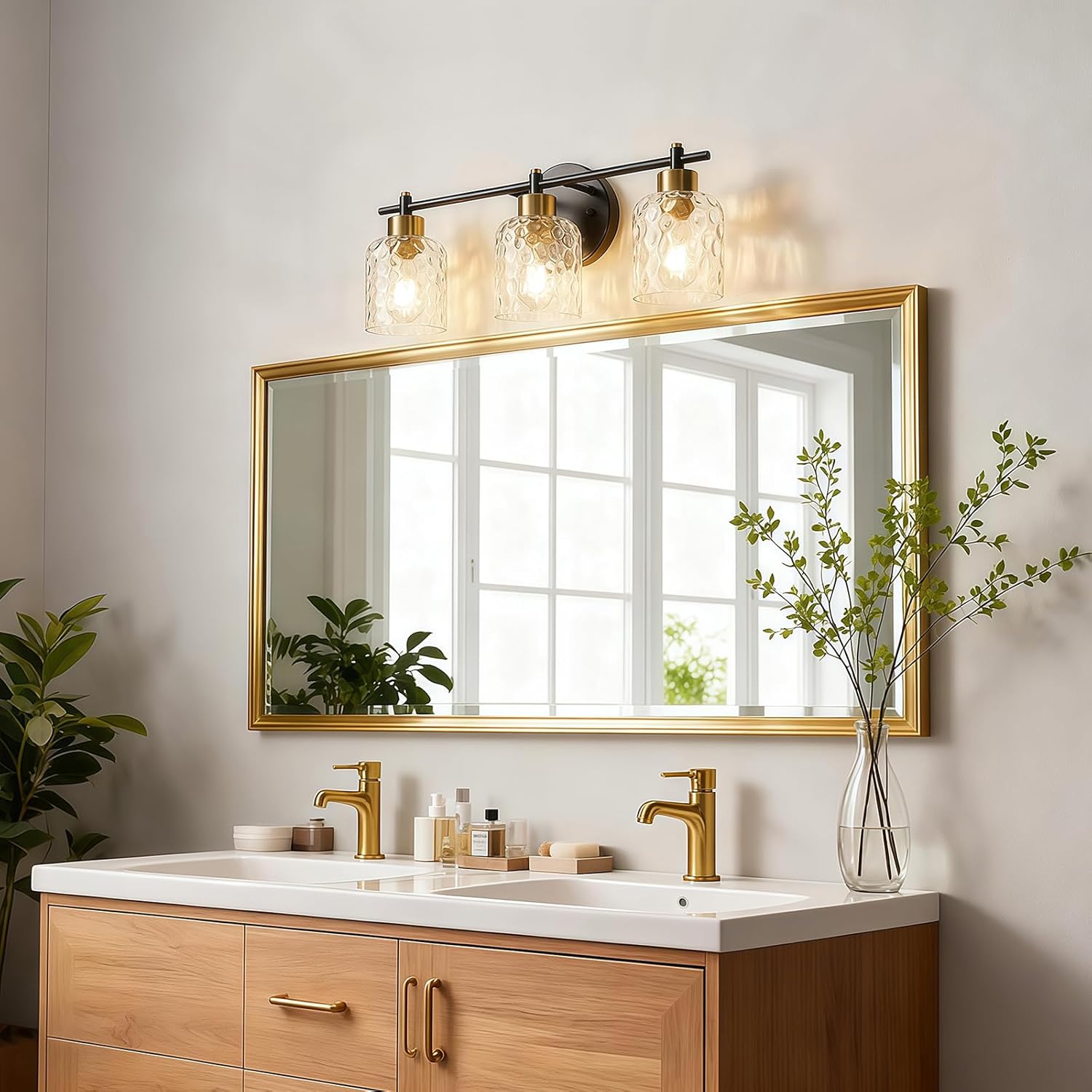 Bathroom Light Fixtures with Hammered Glass, 21.2" 3 Light Farmhouse Vanity Lights for Bathroom, Rustic Black and Gold Vanity Lighting Fixtures Over Mirror Makeup Room