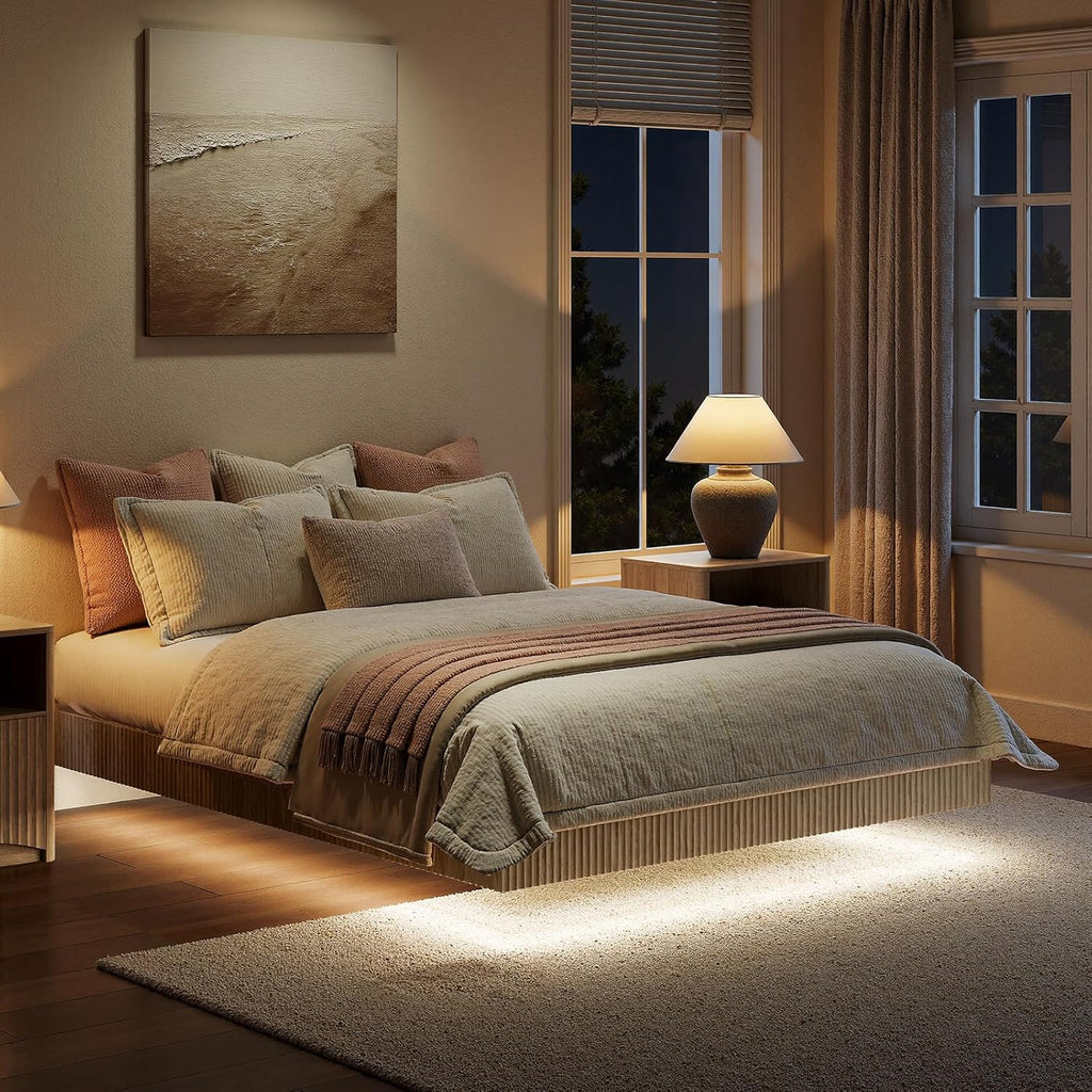 Evermagin Oak Queen Floating Bed Frame with led Lights, Bohemia Fluted 10 Inch High Floating Platform Bed No Headboard, Heavy Duty Metal Float Bedframe, No Box Spring Needed