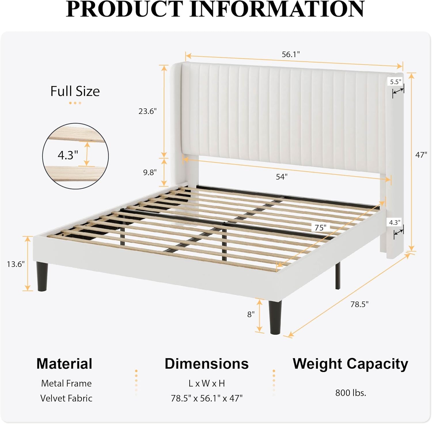 SHA CERLIN Full Size Velvet Bed Frame with Vertical Channel Tufted Wingback Headboard, Upholstered Platform Bed with Wood Slats, No Box Spring Needed, Easy Assembly, White