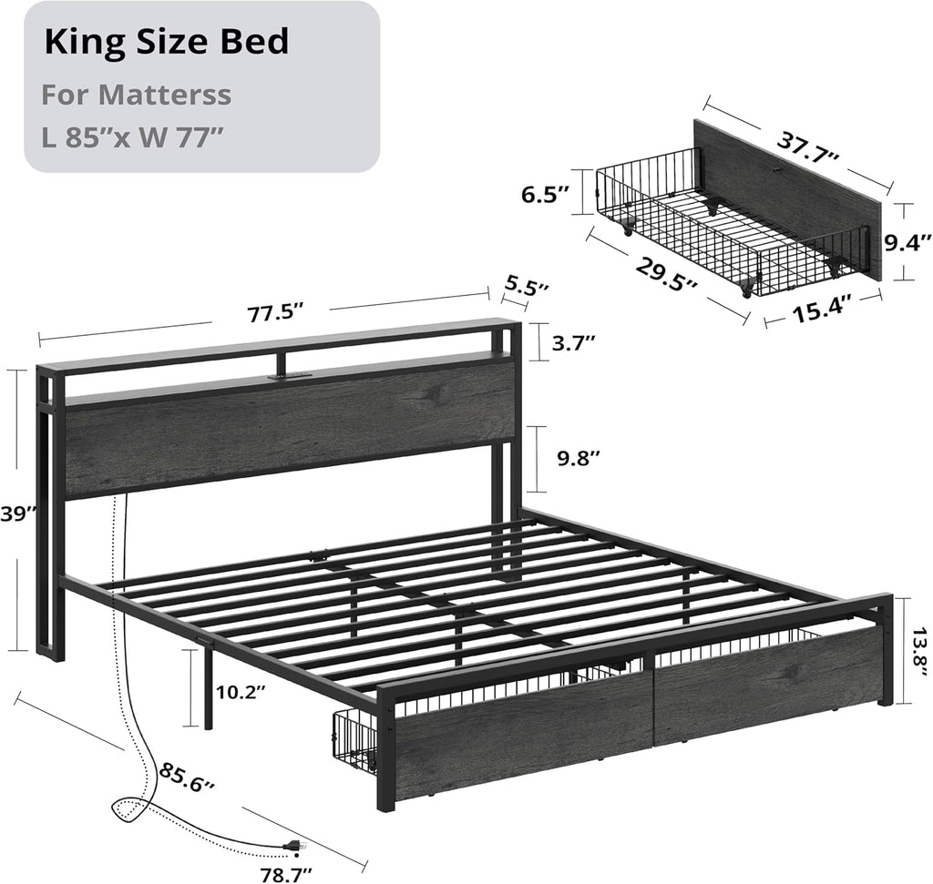 LIKIMIO King Bed Frame with Storage Headboard, Platform Bed with Drawers and Charging Station, No Box Spring Needed, Easy Assembly, Charcoal Grey