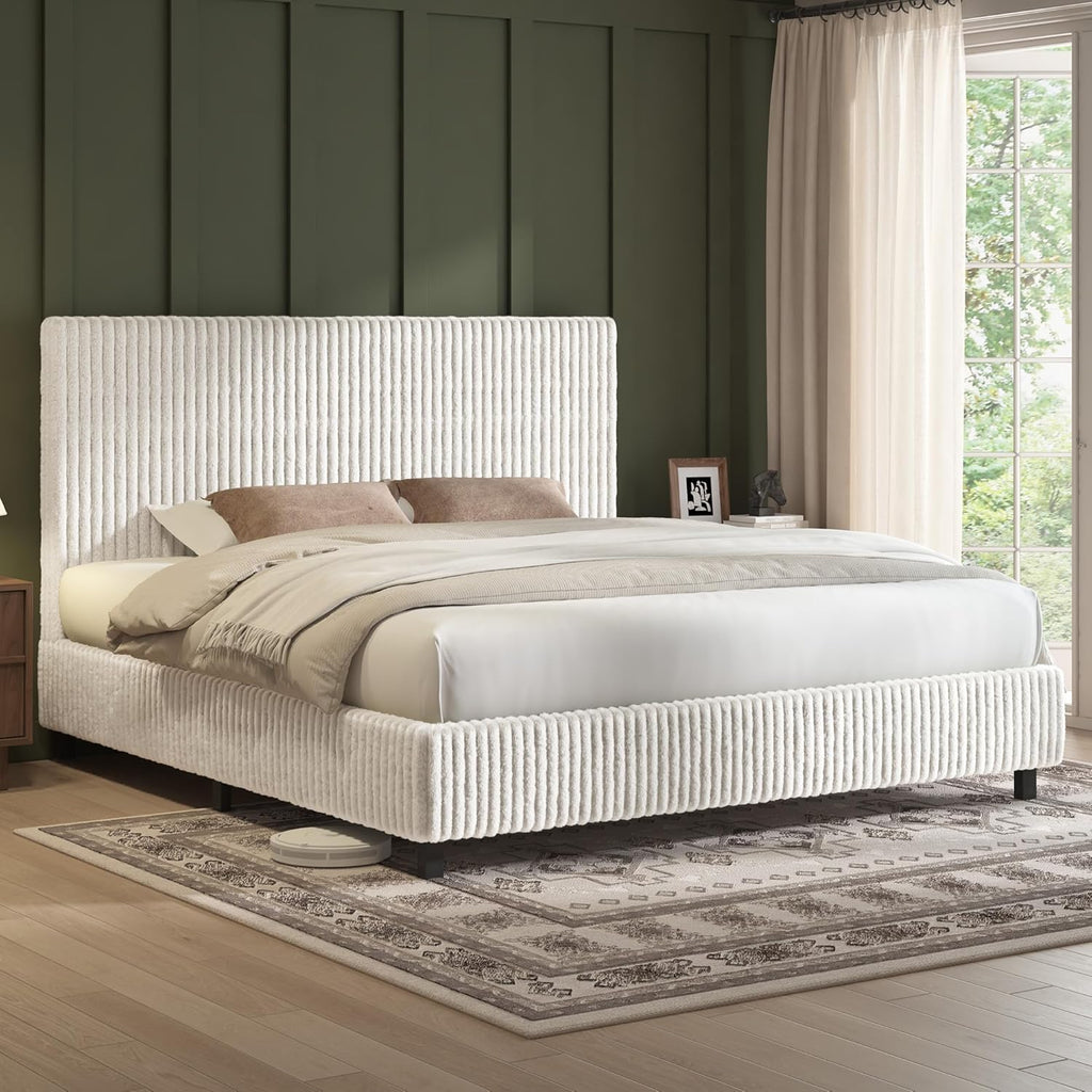 AMERLIFE King Bed Frame, Upholstered Metal Platform Bed with Vertical Channel Tufted Headboard, Soft Fabric & Strong Metal Slats, Noise-Free/Easy Assembly, White King Upholstered Bed and Headboard
