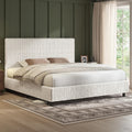 AMERLIFE King Bed Frame, Upholstered Metal Platform Bed with Vertical Channel Tufted Headboard, Soft Fabric & Strong Metal Slats, Noise-Free/Easy Assembly, White King Upholstered Bed and Headboard