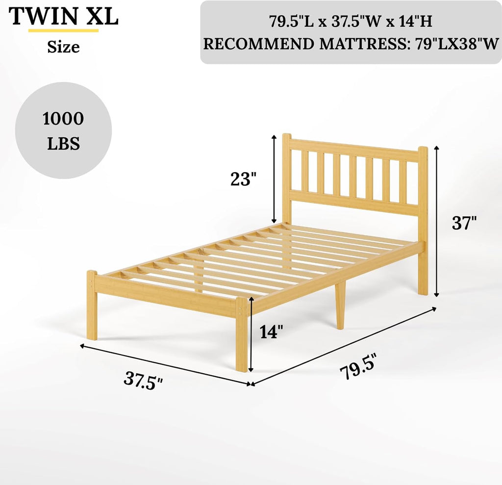 Askeld Wood Twin XL Bed Frame with Headboard, 14 Inch High Solid Bamboo Platform Bed No Box Spring Needed, Mid-Century Heavy Duty Bedframe, Easy Assembly, Noise Free