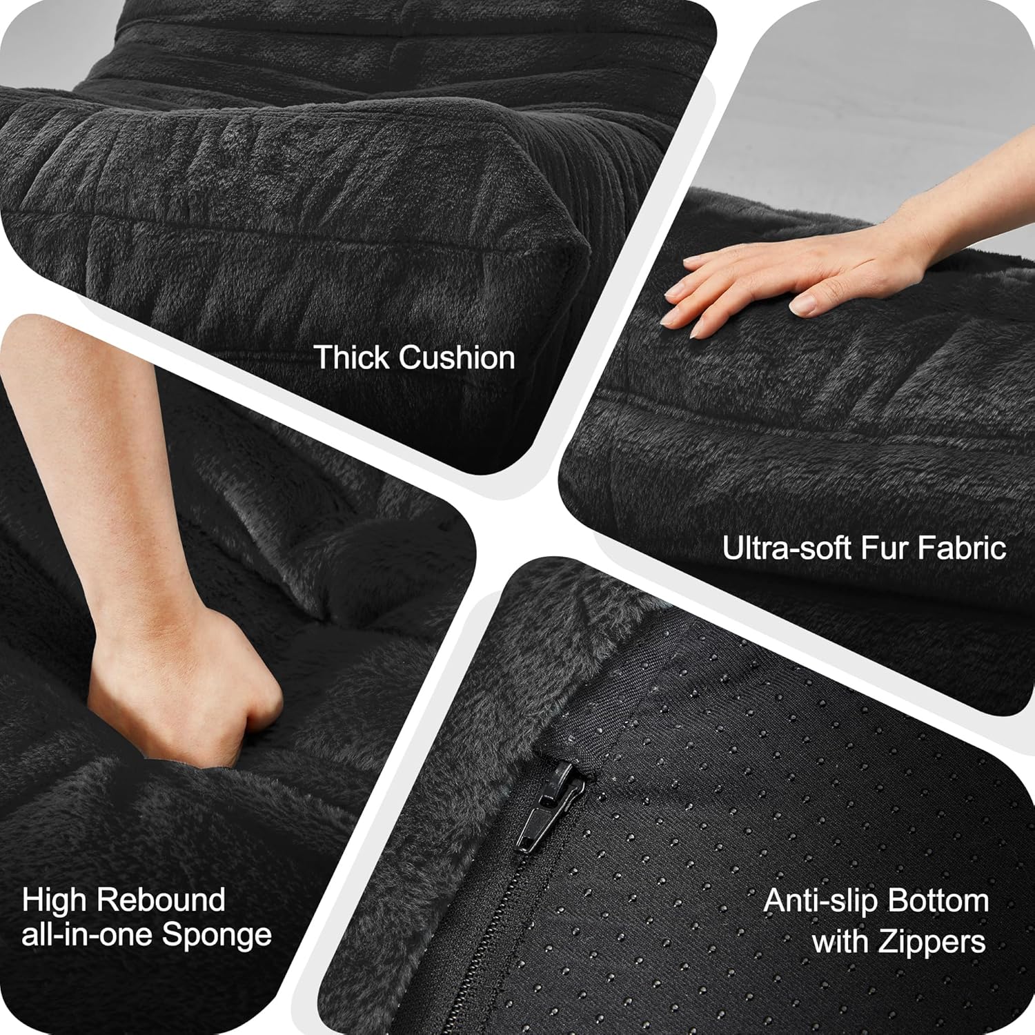 Bean Bag Chairs for Adults Giant Bean Bag Chair Memory Foam BeanBag Chair Bean Bag Sofa with Filler Faux Fur Fireside Beanbags Lazy Sofa for Living Room Bedroom Office (Black Plush, Single)