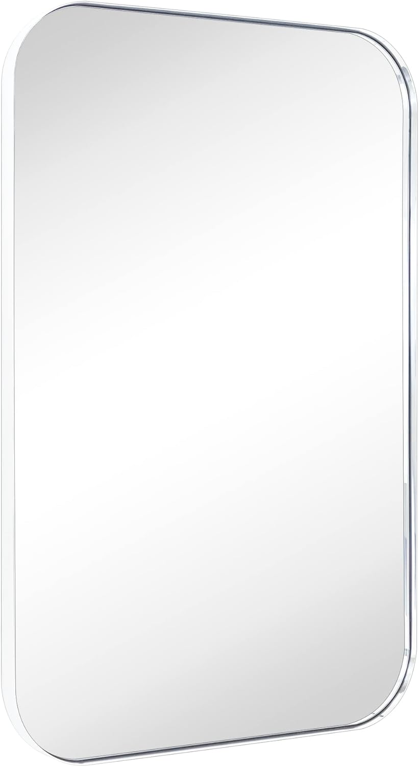 22x30'' Chrome Rounded Rectangle Bathroom Vanity Wall Mirror Stainless Steel Metal Framed Rectangular Bathroom Mirror, Vertical and Horizontal Hanging
