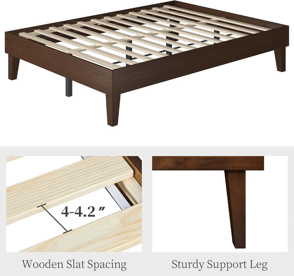 Yaheetech Full Bed Frame Natural Solid Wood Platform Bed with Wooden Slats Support, 12-inch Underbed Space for Storage, Noise-Free Design, Easy Assembly, Dark Walnut Finish