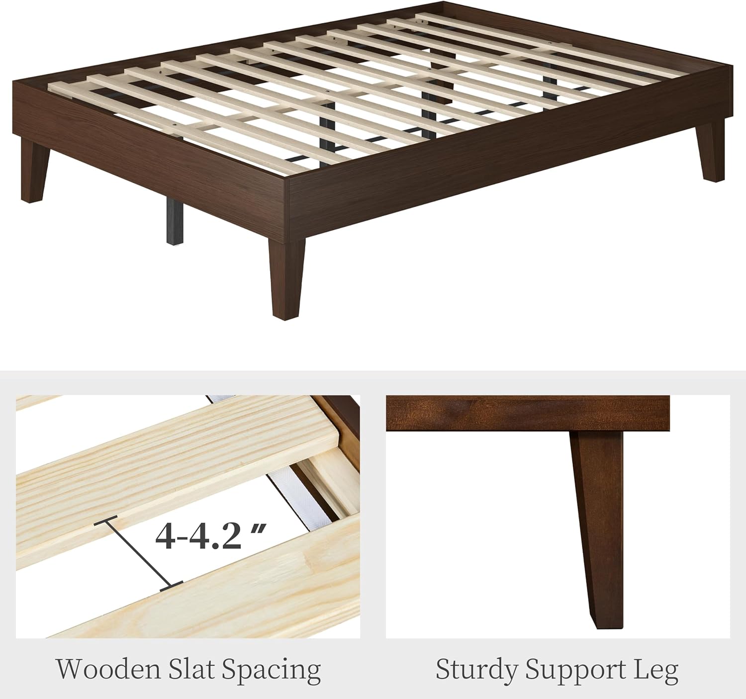 Yaheetech Full Bed Frame Natural Solid Wood Platform Bed with Wooden Slats Support, 12-inch Underbed Space for Storage, Noise-Free Design, Easy Assembly, Dark Walnut Finish