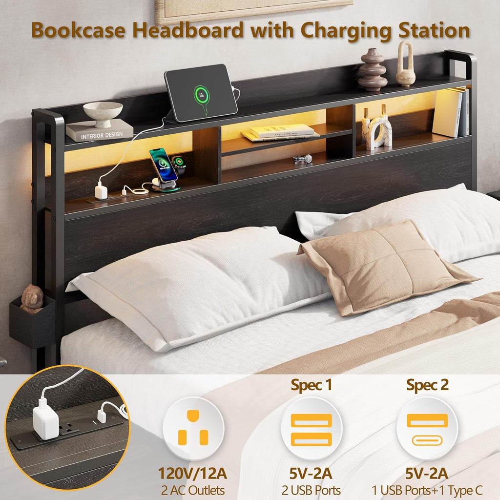 Furnulem Full Size Bed Frame with Wood Headboard, Metal Platform Bed Frame Full Size with 2 Storage Drawers and Shelf, LED Lights and Charging Station, No Box Spring Needed, Noise Free, Black