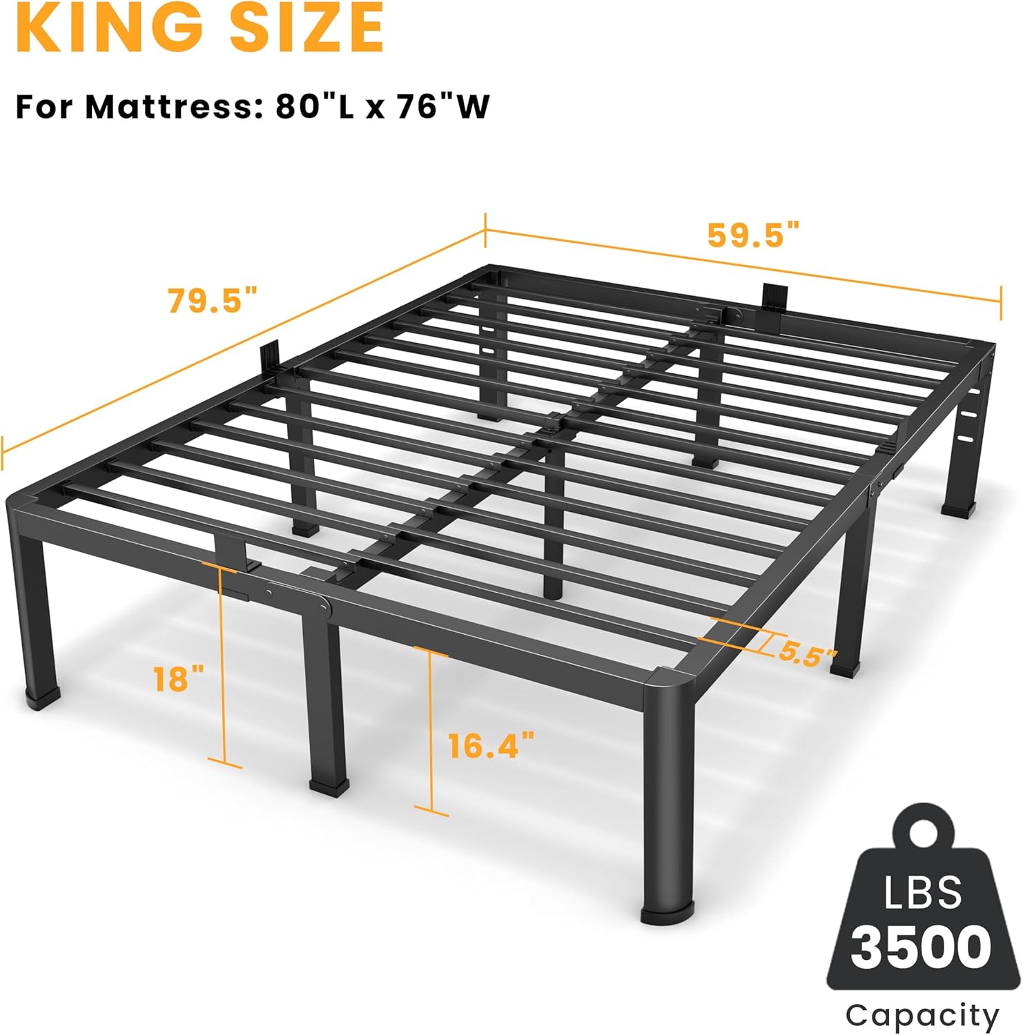 Superay 18 Inch King Size Metal Platform Bed Frame with Round Corners, Storage Space Under High Bed Frame-Heavy Duty Steel Slats Support, Noise Free - Easy Assembly - No Box Spring Needed