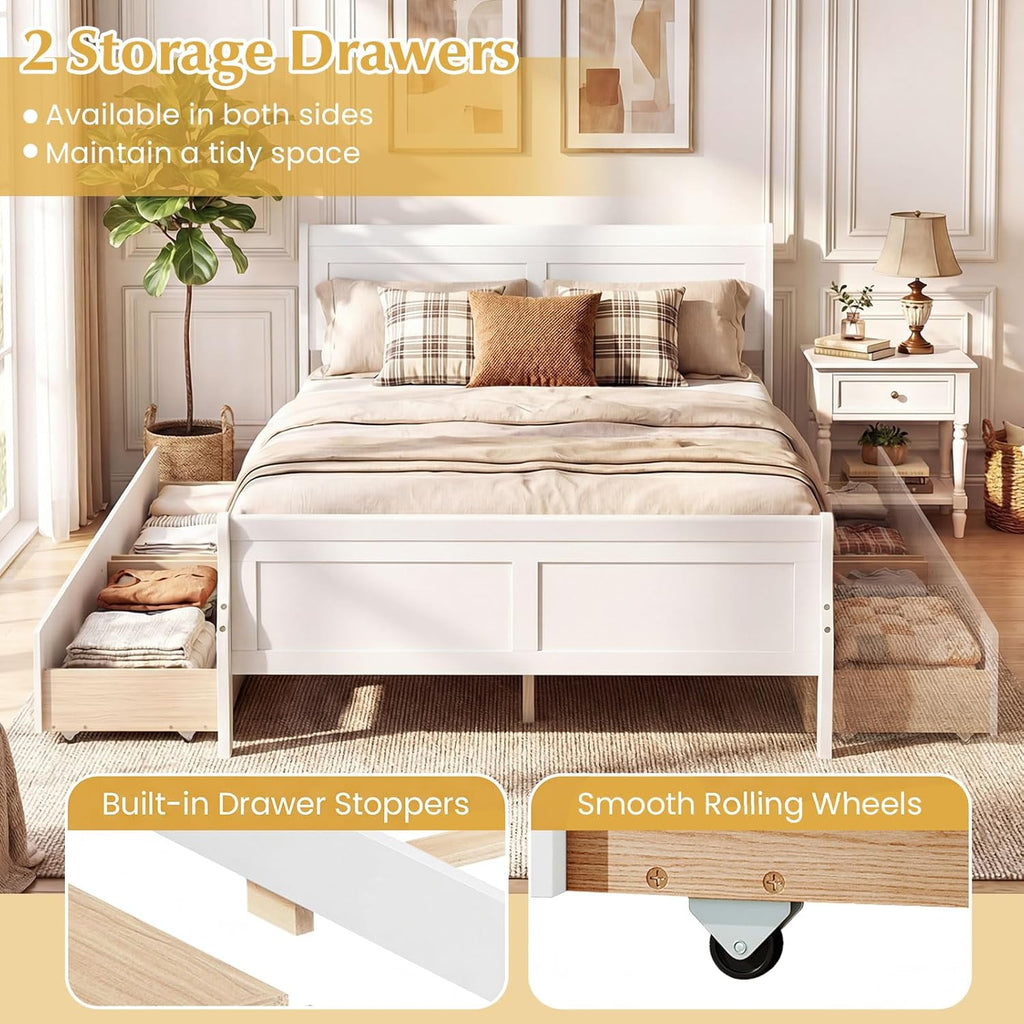 Giantex Full Bed Frame with 2 Storage Drawers, Wood Platform Bed with Headboard & Footboard, Wooden Slats Support Mattress Foundation, Sleigh Bedframe for Teens Adults, No Box Spring Needed (White)