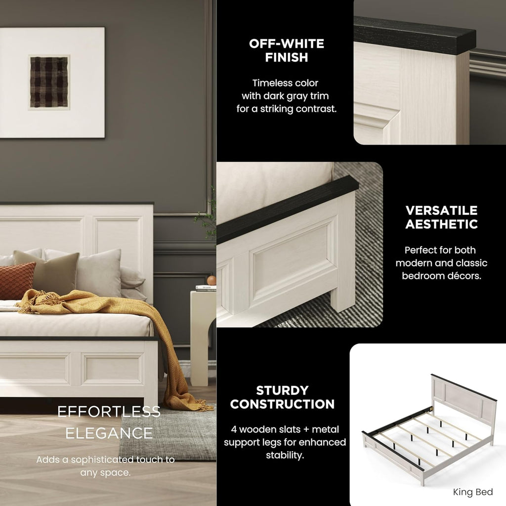 Roundhill Furniture Realynn 3-Piece Wood Bedroom Set, Queen Size Panel Bed with 2 Nightstands, Off-White Finish