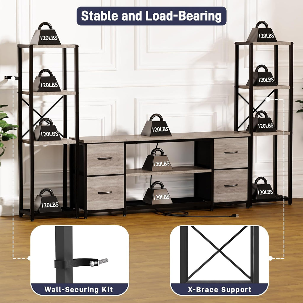 Yenlure LED TV Stand Bookshelf Combo with Charging Station for 65 60 55 Inch TV, Entertainment Center with Lights & Drawers, Industrial Media TV Console Table for Living Room Bedroom Office, Greige