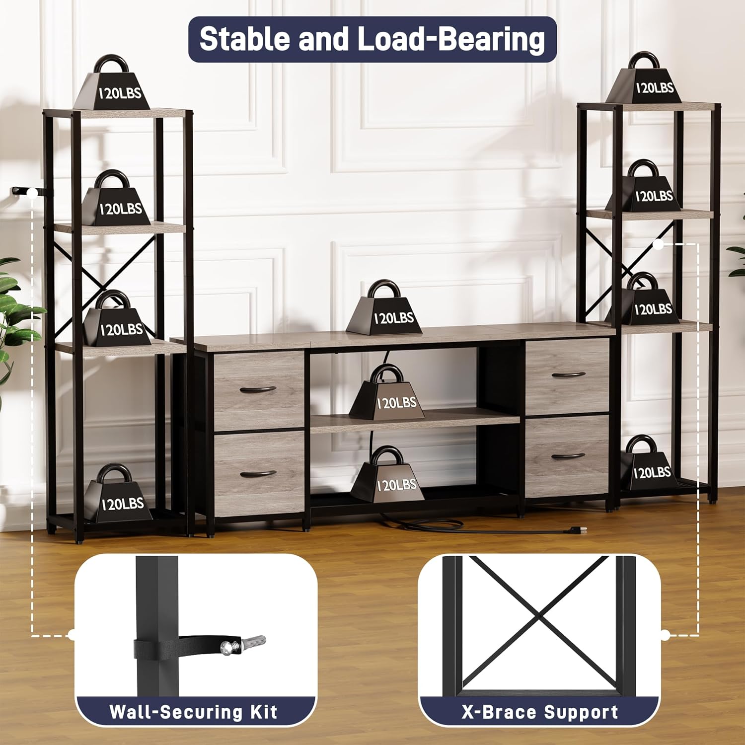 Yenlure LED TV Stand Bookshelf Combo with Charging Station for 65 60 55 Inch TV, Entertainment Center with Lights & Drawers, Industrial Media TV Console Table for Living Room Bedroom Office, Greige