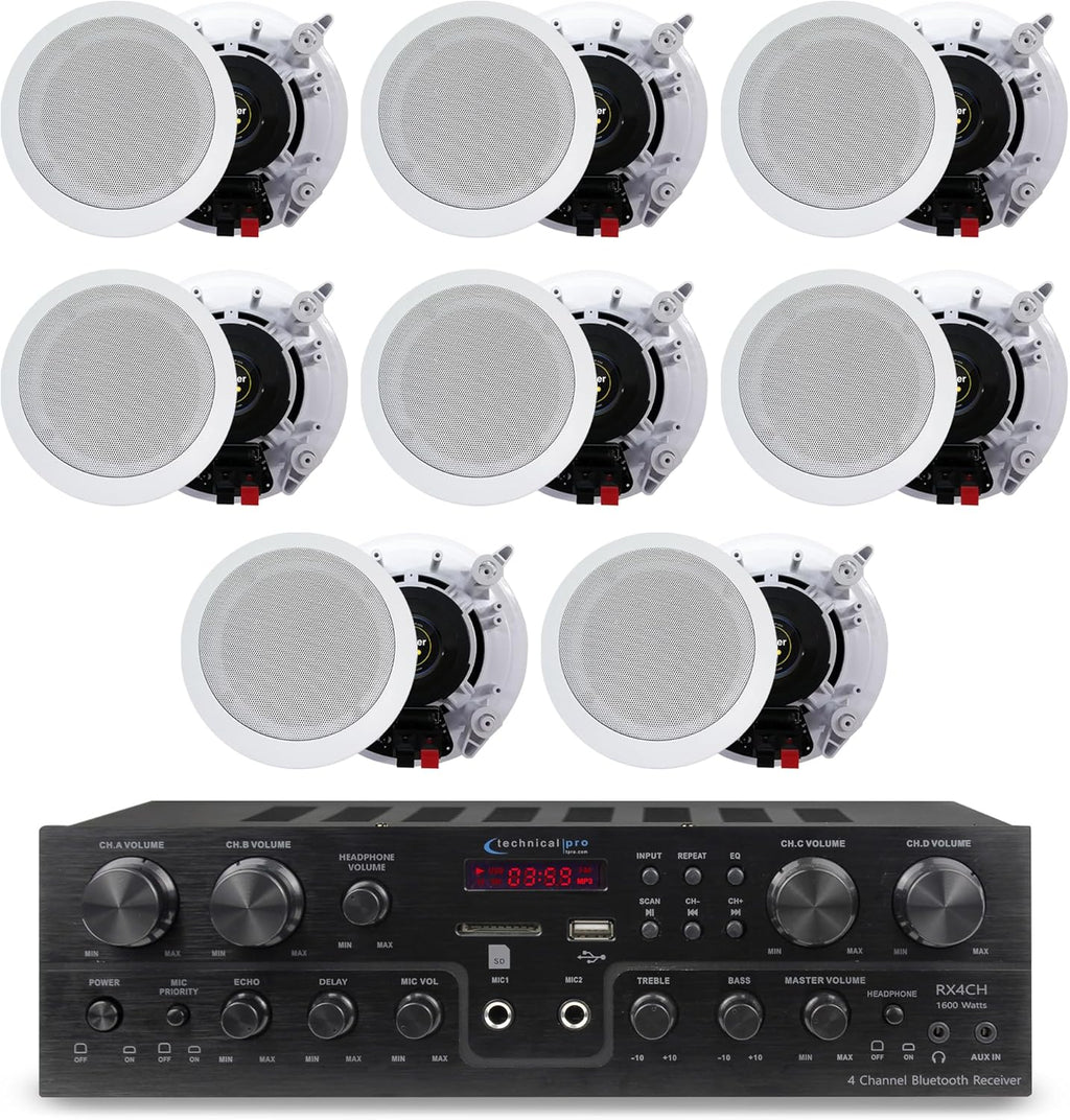Technical Pro Home Theater System Kit with 1000 Watts 4-Chanel Bluetooth Receiver & 8 Qty 6.5" 200 Watts in-Wall in-Ceiling Speakers of 2-Way Stereo Sound with Woofer/Tweeter, Flush Design