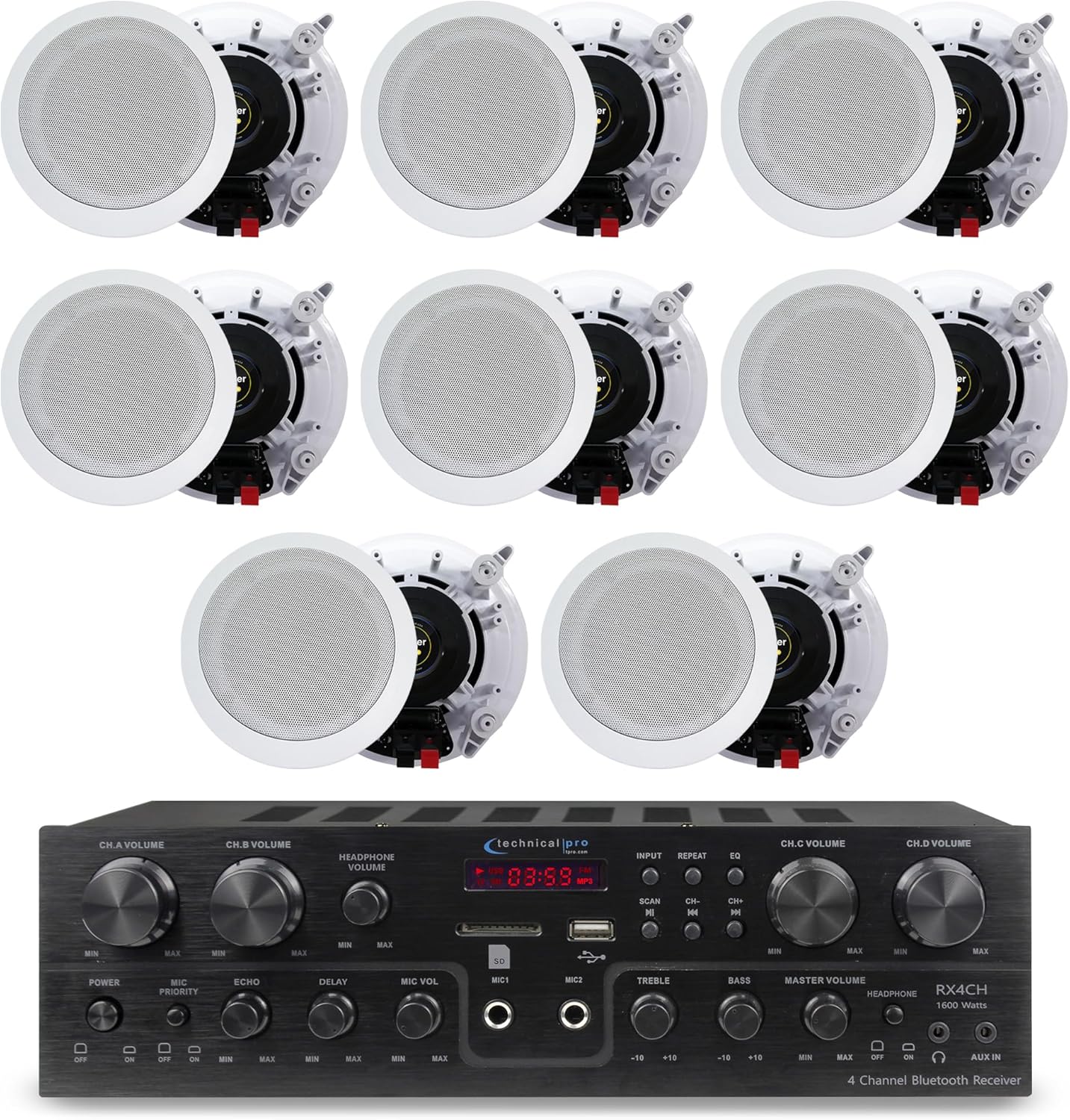 Technical Pro Home Theater System Kit with 1000 Watts 4-Chanel Bluetooth Receiver & 8 Qty 6.5" 200 Watts in-Wall in-Ceiling Speakers of 2-Way Stereo Sound with Woofer/Tweeter, Flush Design