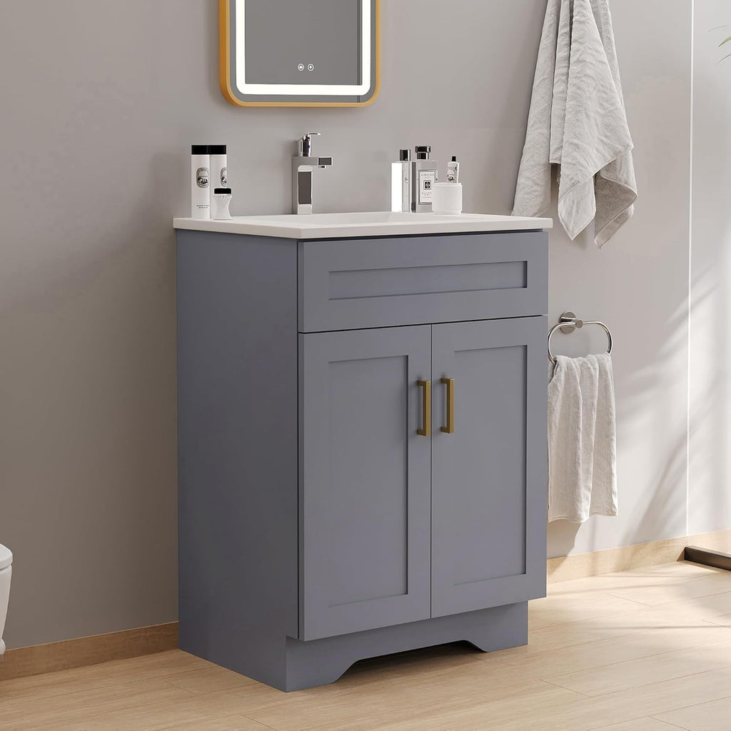 24 Inch Bathroom Vanity with Sink, Bathroom Storage Vanity Cabinet for Small Space, Bathroom Vanity with 2 Doors and 1 Drawer, Modern Freestanding Vanity Sink (Grey)