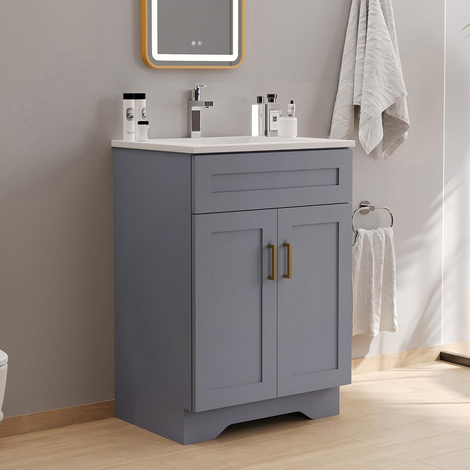 24 Inch Bathroom Vanity with Sink, Bathroom Storage Vanity Cabinet for Small Space, Bathroom Vanity with 2 Doors and 1 Drawer, Modern Freestanding Vanity Sink (Grey)