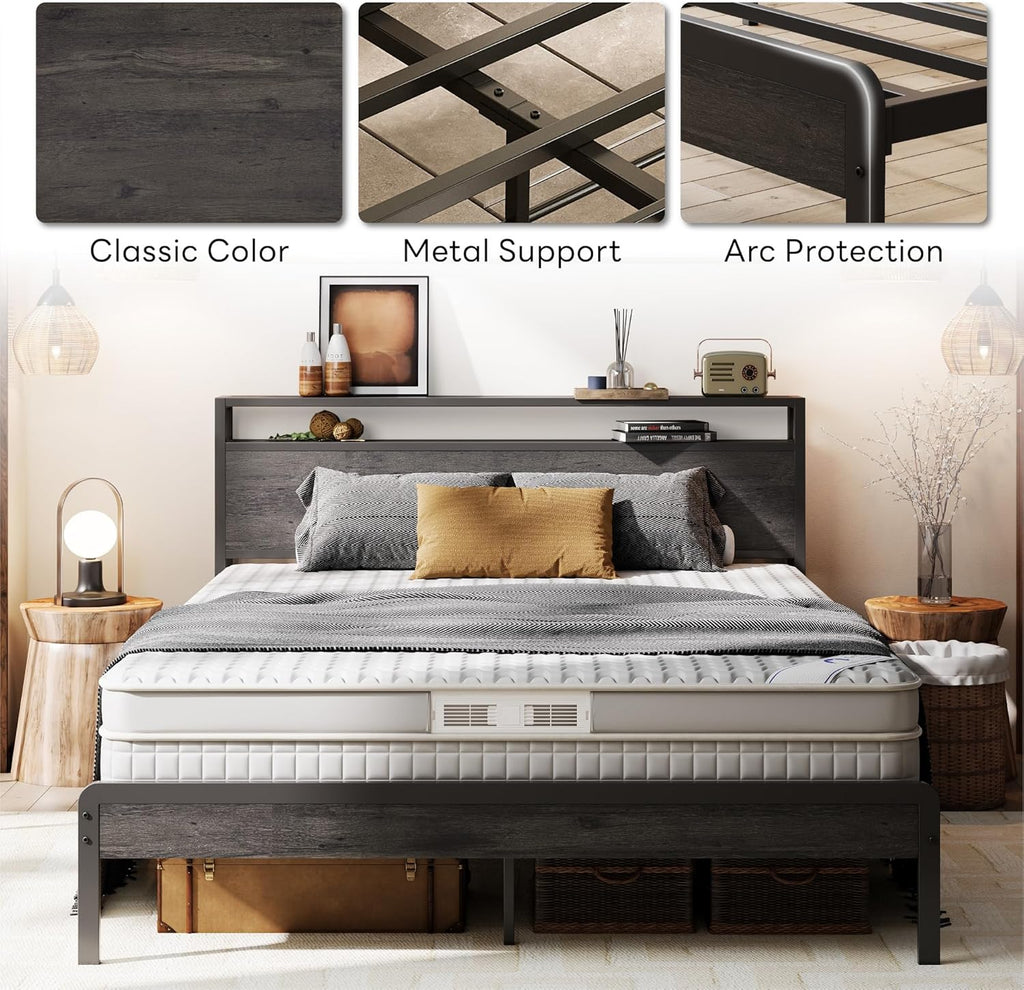 LIKIMIO Queen Bed Frame with Headboard, Dark Wood Camas Queen with Strong Supports, Sturdy, Noise-Free, No Box Spring Needed, Grey