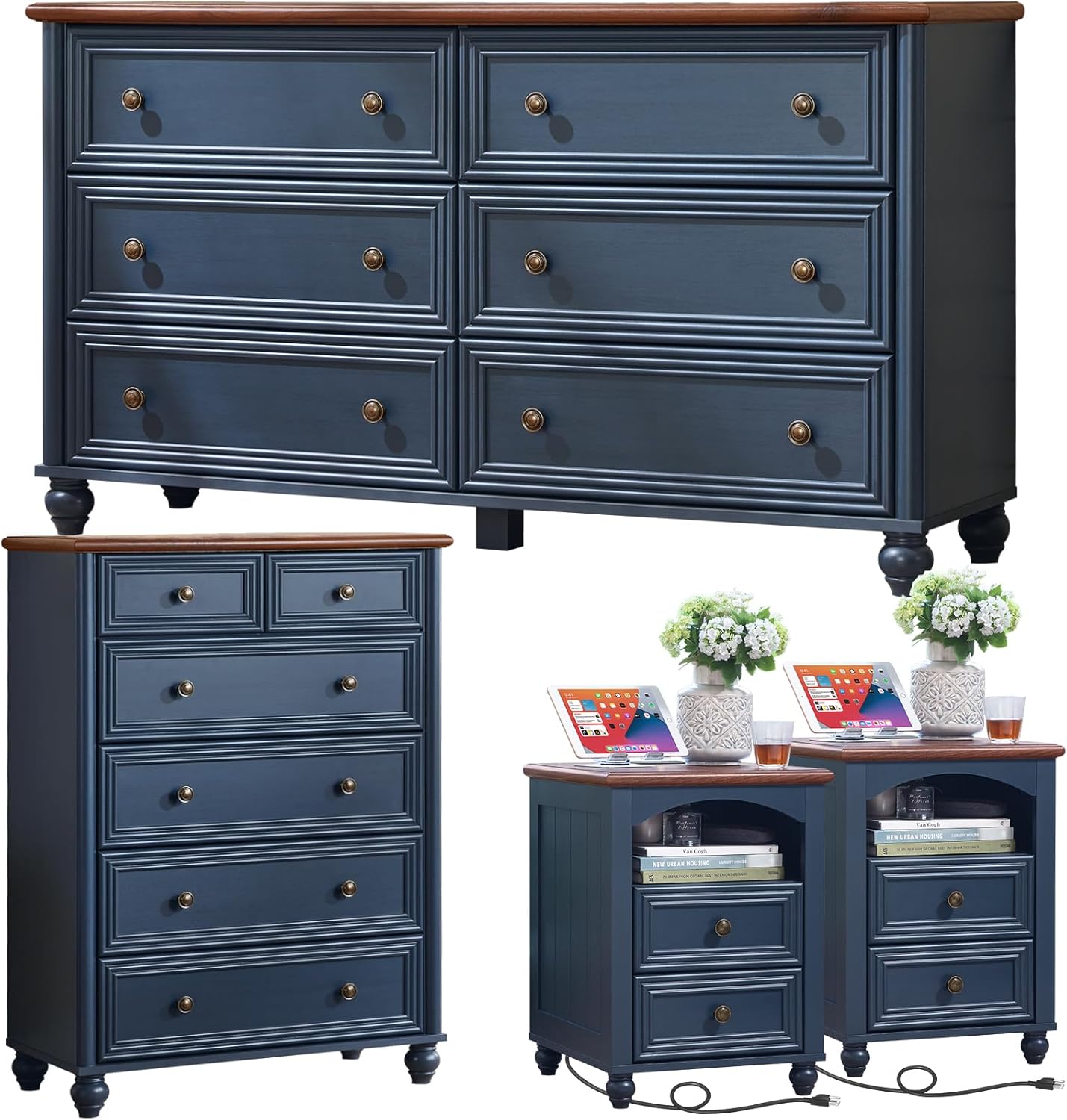 Farmhouse Dressers & Night Stand Set of 4, Wood 54" Wide Dresser & 43.5"Tall Chest of Drawers, 18" with Charging Station Nightstand Set of 2, Bedroom Furniture Dresser Set for Home Living Room Hallway