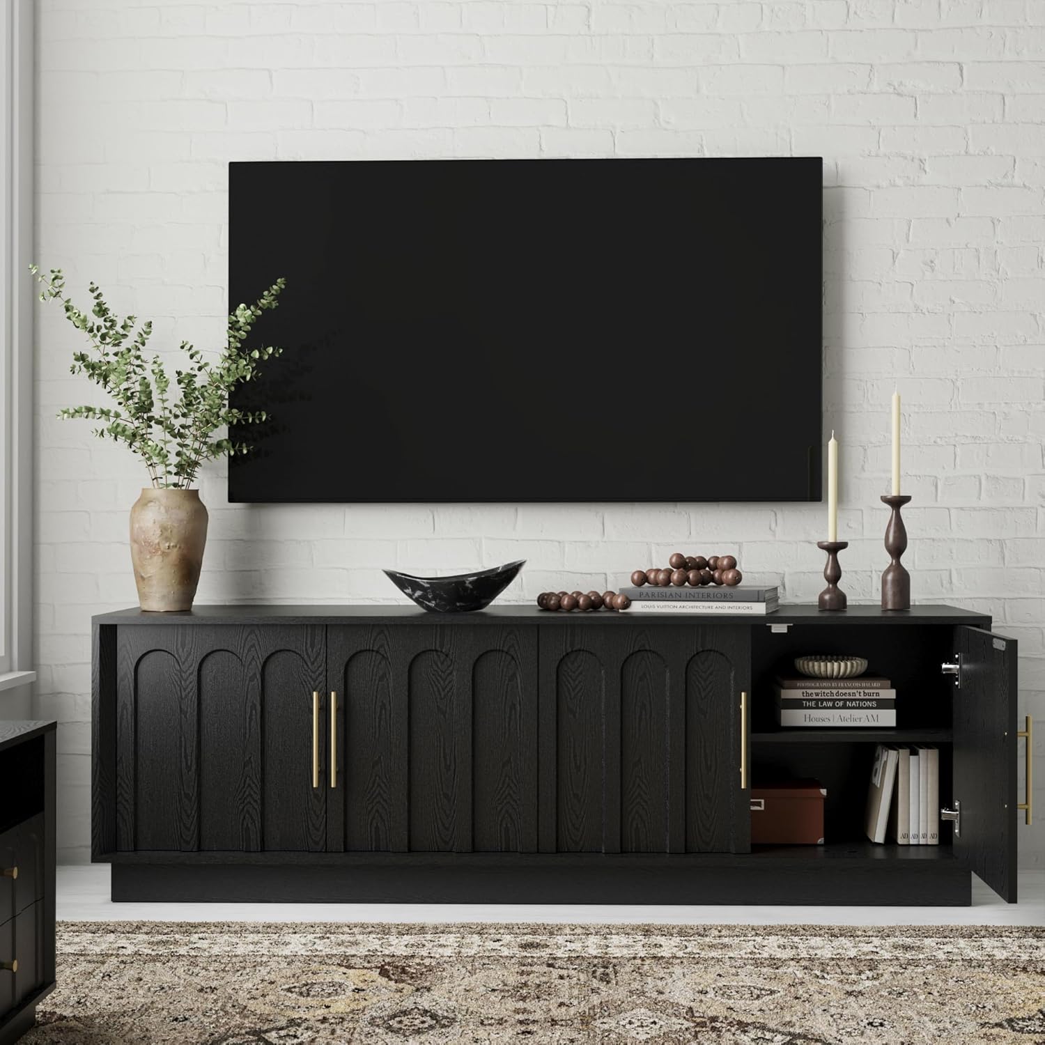 FORTUNETEC TV Stand for 75 Inch TV, 67" Entertainment Center with Arched Design, Minimalist Media Console with Adjustable Shelves, Modern TV Stand for Living Room Bedroom, Black
