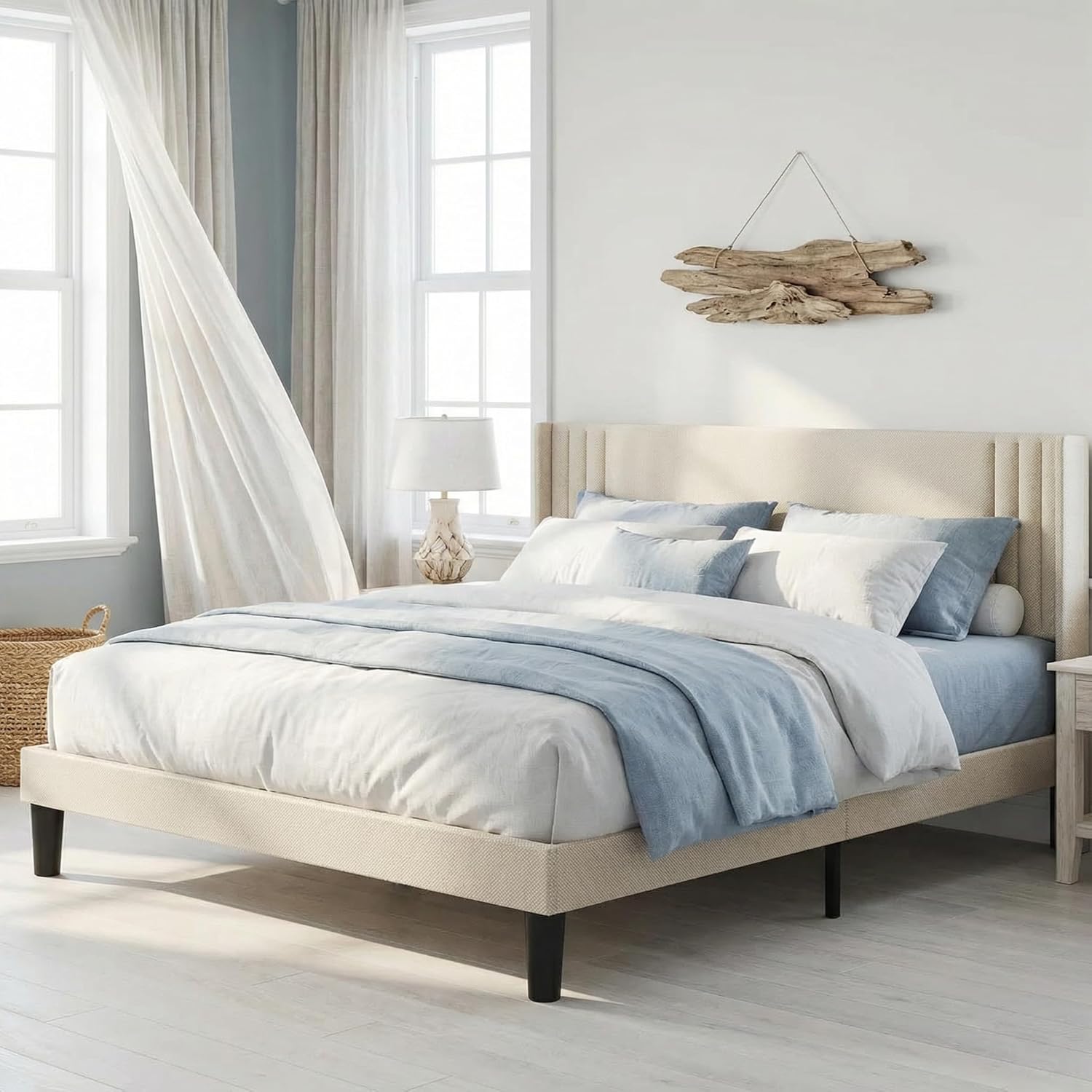 Gizoon Queen Bed Frame with Wingback Headboard, Upholstered Platform Bed, Wooden Slats, Noise-Free, No Box Spring Needed, Easy Assembly