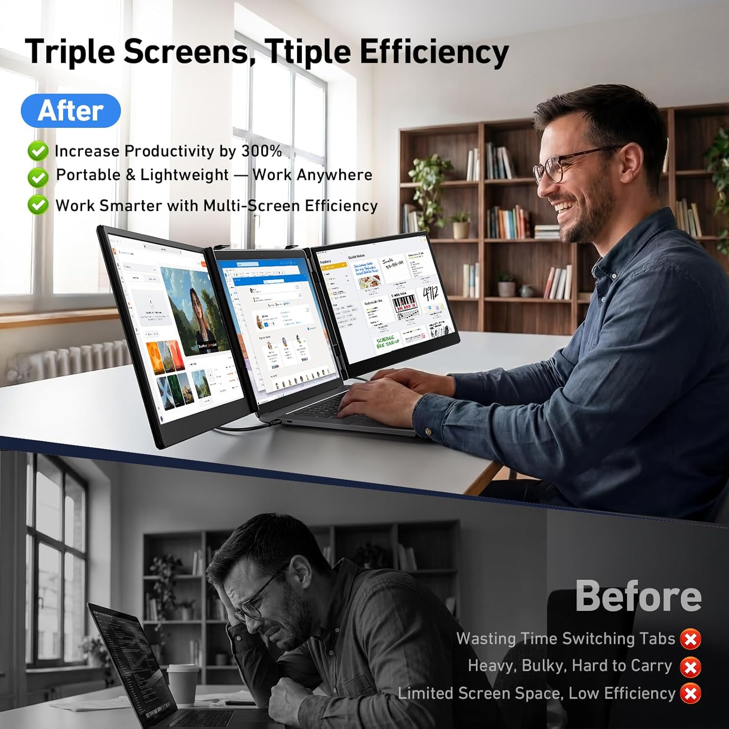 Vixtan 14" Triple Laptop Screen Extender, 3.0 lbs Lightweight FHD IPS Portable Monitor for Laptop, USB-C Plug & Play Multi Screen Attachment for 13-17.3" laptops with Windows/Mac/Chrome