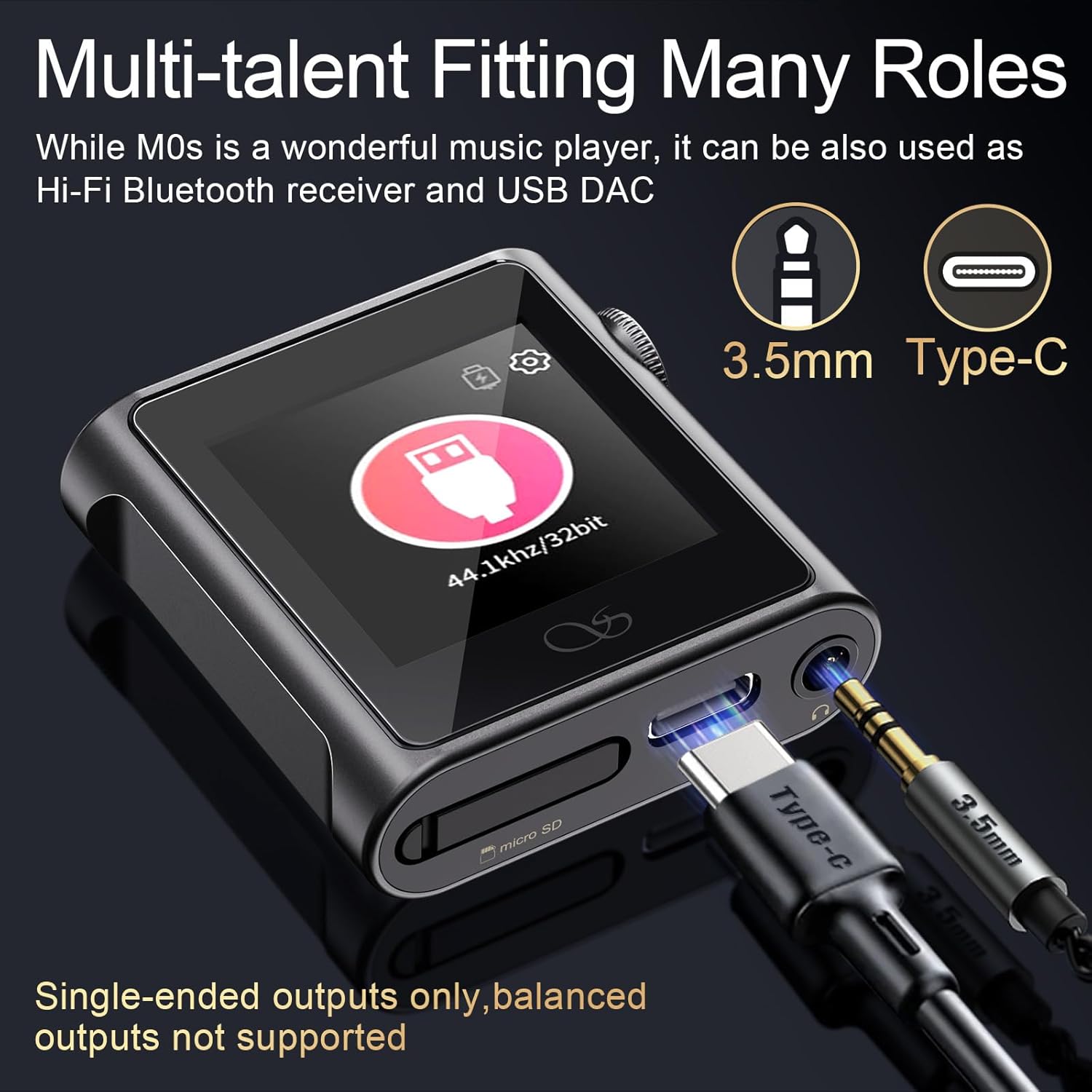 SHANLING M0s Portable MP3 Player Hi-Res Audio Players, 1.54" Touch Screen Hi-Fi MP3 Player with Bluetooth 5.0 LDAC, USB DAC/Amp, Up to 10 Hours Playback – Titanium