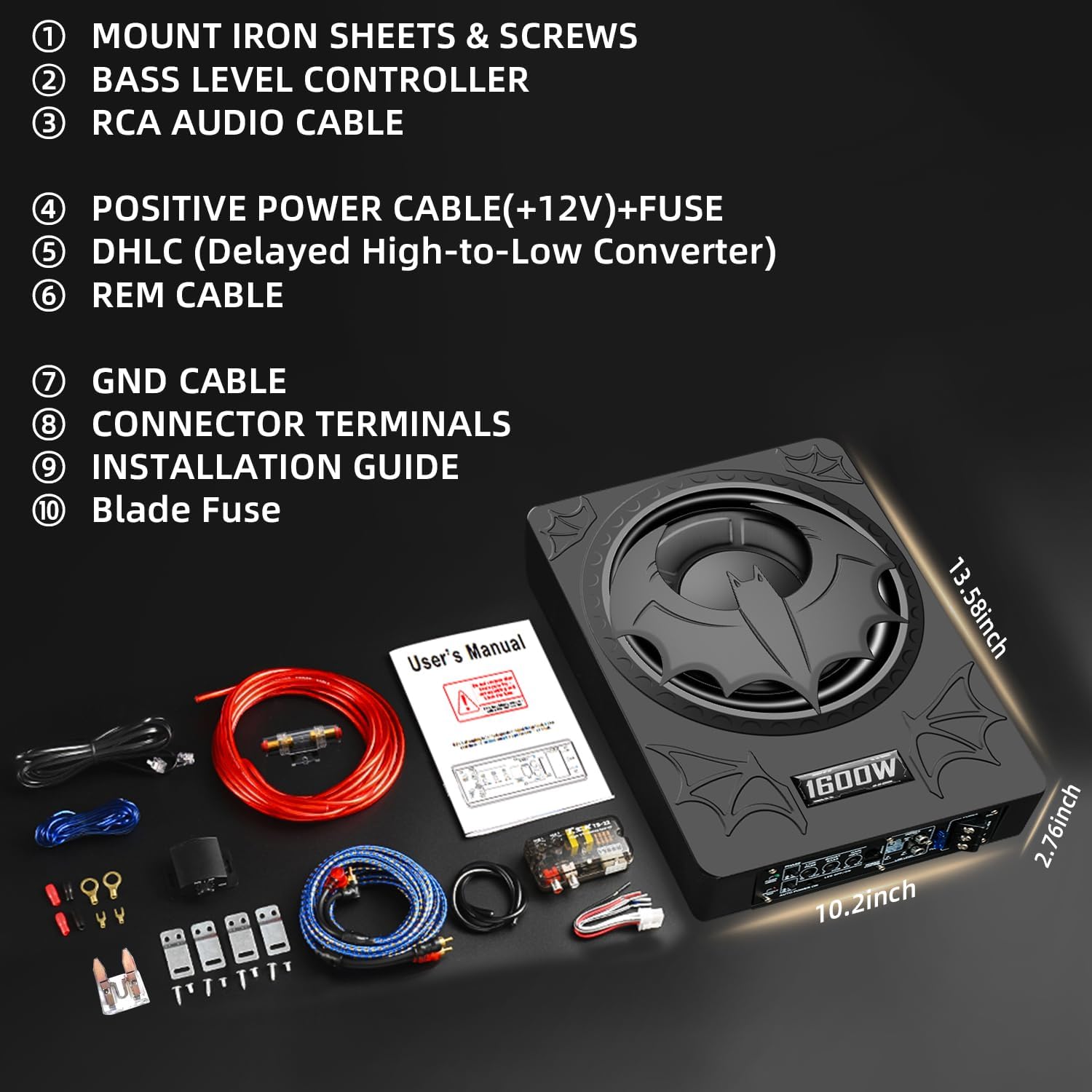 1600W Slim Underseat Subwoofer with Built-in Amp 10 Inch Sub | RGB Ambient Lighting, LPF/Gain/Bass Boost Controls, Individual Controls, Distortion-Free Deep Bass | Universal Fit for All Car