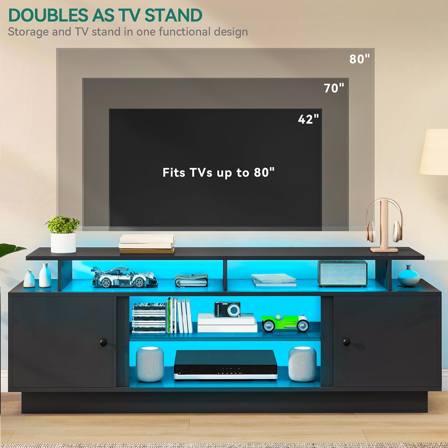 YITAHOME Modern TV Stand for 80 inch TVs, Entertainment Center with LED Lights & Storage Cabinets, TV Console Table with Adjustable Partition for Living Room (Black)