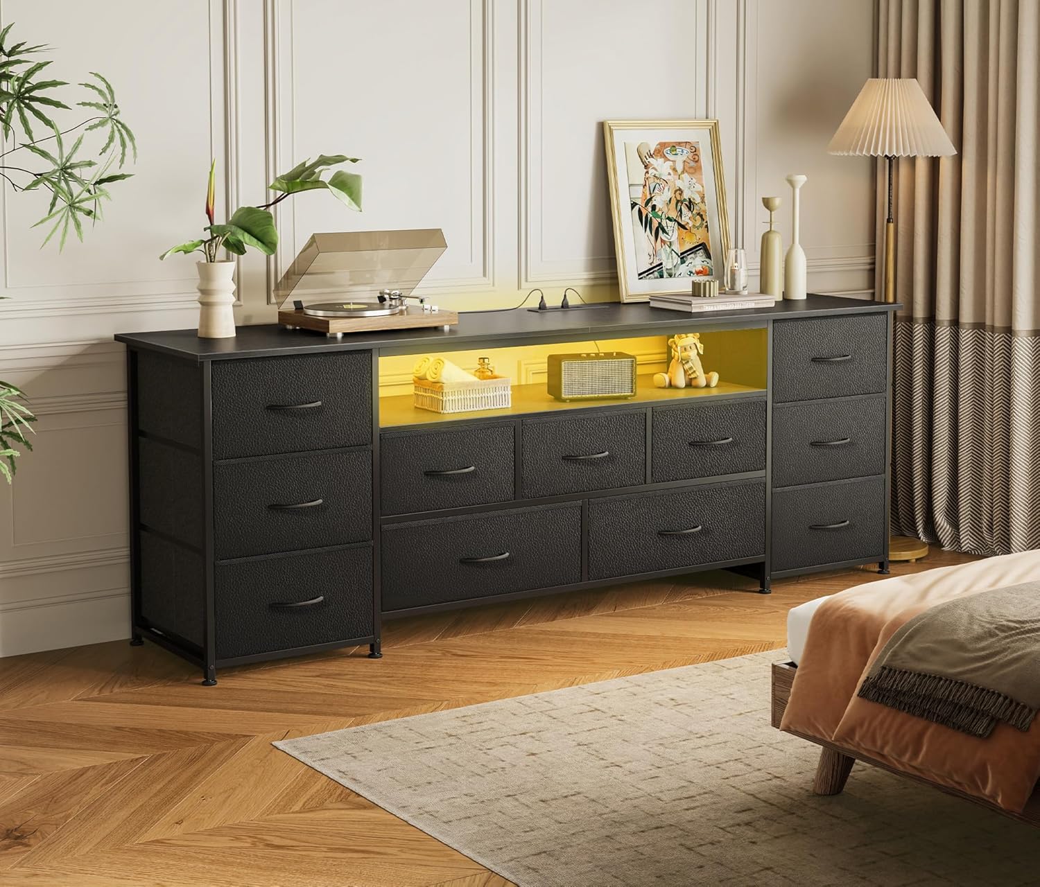 Huuger 63 Inch TV Stand for 65, 70 Inch TV, 11 Drawer Long Dresser with Power Outlets and LED Lights, Entertainment Center with Storage, Black Dresser with PU Leather Surface