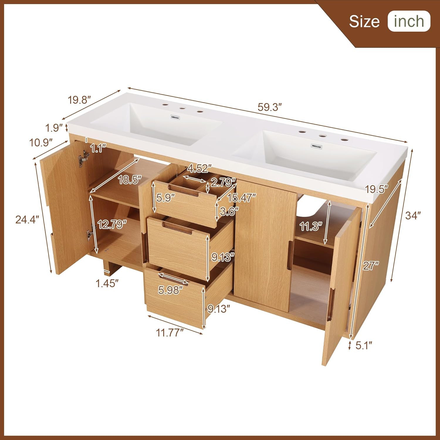 59.3-Inch Bathroom Vanity with SMC Resin Top, 4 Doors & 3 Drawers, Handle-Free, Soft-Close Hinges, Wood, MDF