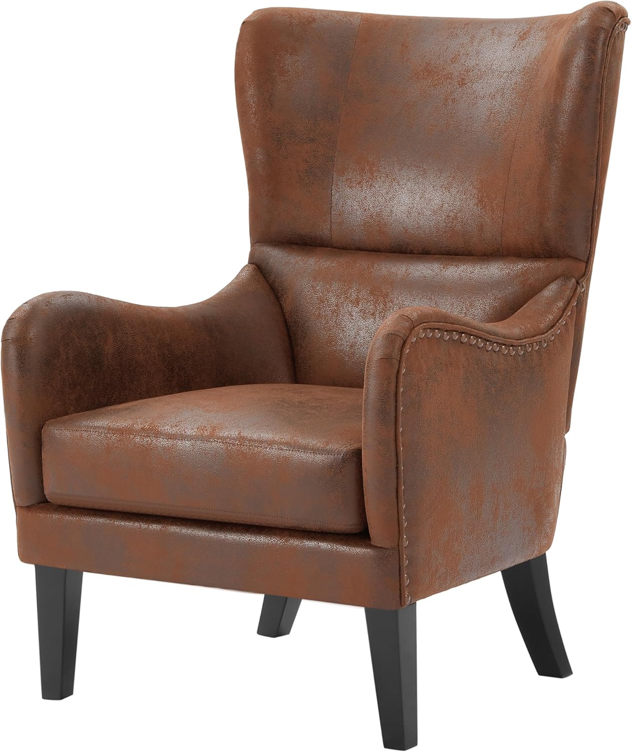 Christopher Knight Home Elber Mid-Century Modern Wingback Accent Chair Set of 2, Faux Suede Fabric Upholstered Club Chairs Set with Cushions, Wooden Comfy Reading Chair for Bedroom Living Room, Brown