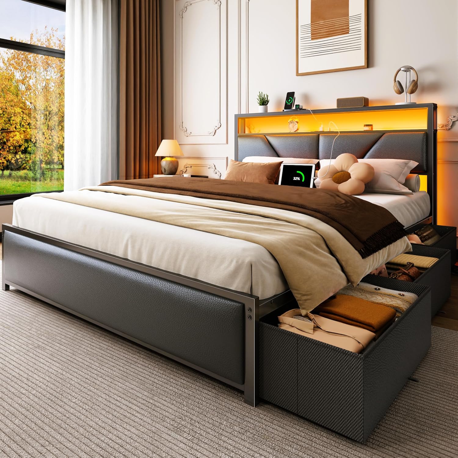 OURPIC Queen Bed Frame, 2-Tier Storage Headboard & 6 Fabric Drawers, PU Leather Upholstered Queen Size Platform Bed with Charging Station and LED Lights, No Box Spring Needed, Noise Free