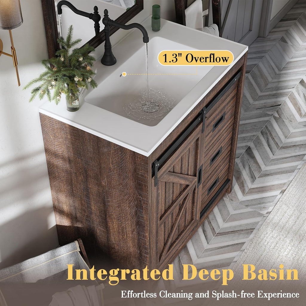 LUXOAK 30" Farmhouse Sliding Barn Door Bathroom Vanity with Sink Combo, Bathroom Vanity Cabinet with Drawers & Metal Handles, Freestanding, Reclaimed Barnwood