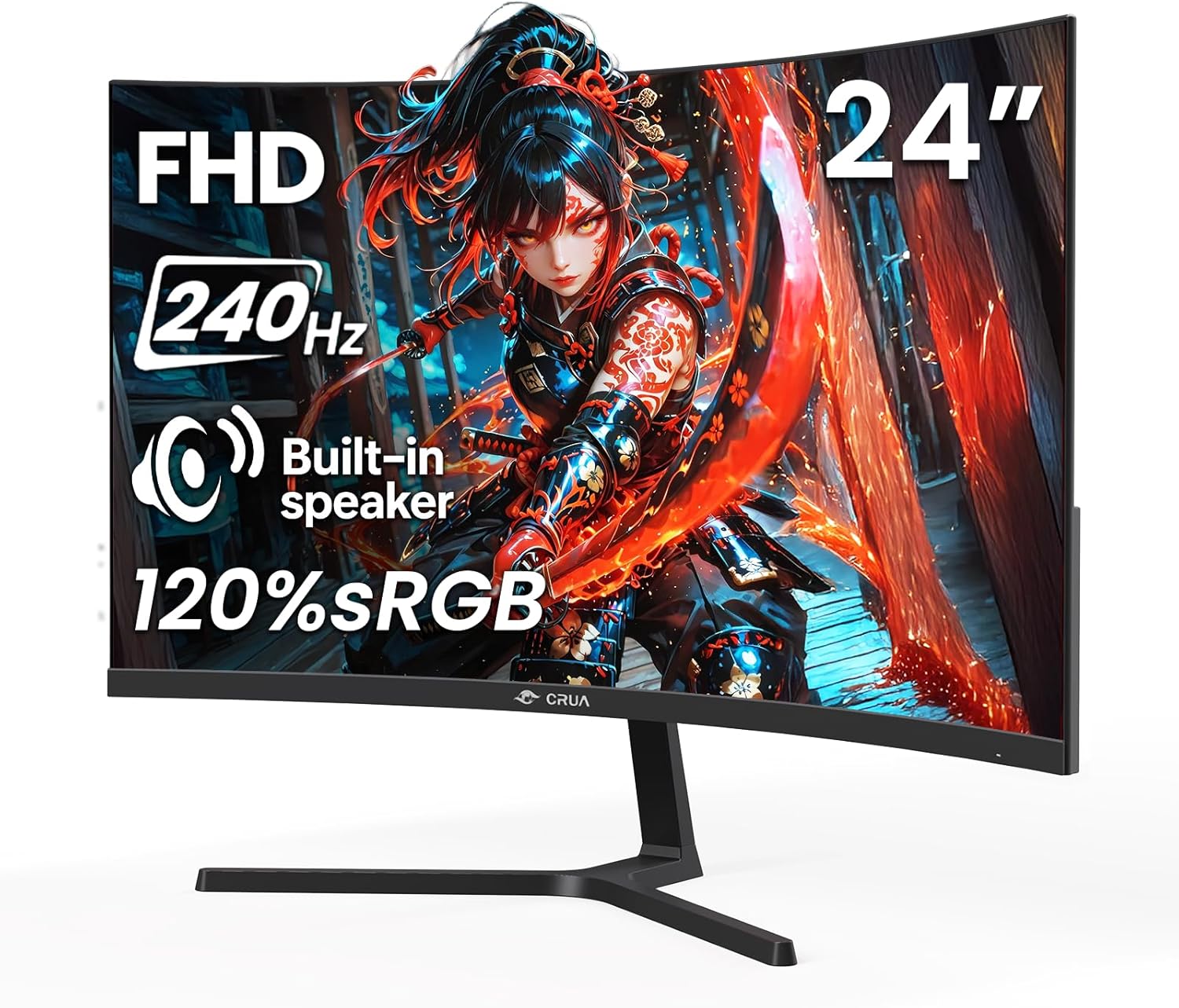 CRUA 24” 240Hz Gaming Monitor, Curved FHD 1920 x 1080P, Built-in Speakers, Support 120% sRGB, AMD FreeSync, Low Motion Blur, Wall Mount Installs Compatible, for Office and Games(HDMI 2.0&DP 1.4)–Black