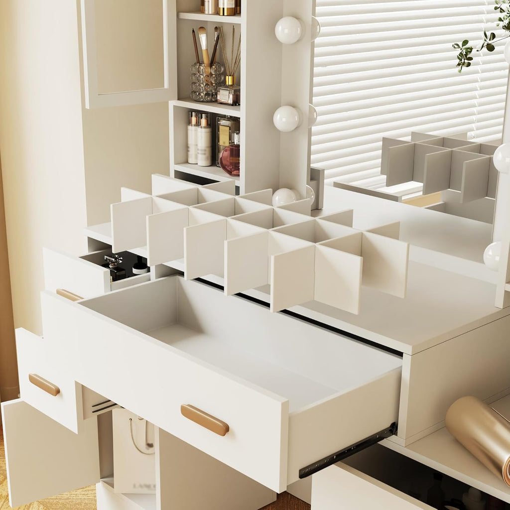 DYHOME Large Vanity Desk with LED Light Mirror & Power Outlet, 3 Lighting Modes, Adjustable Bright, White Makeup Vanity, 7 Drawers, 3 Storage Cabinet, Dressing Table for Women, Girls, Teens, Bedroom