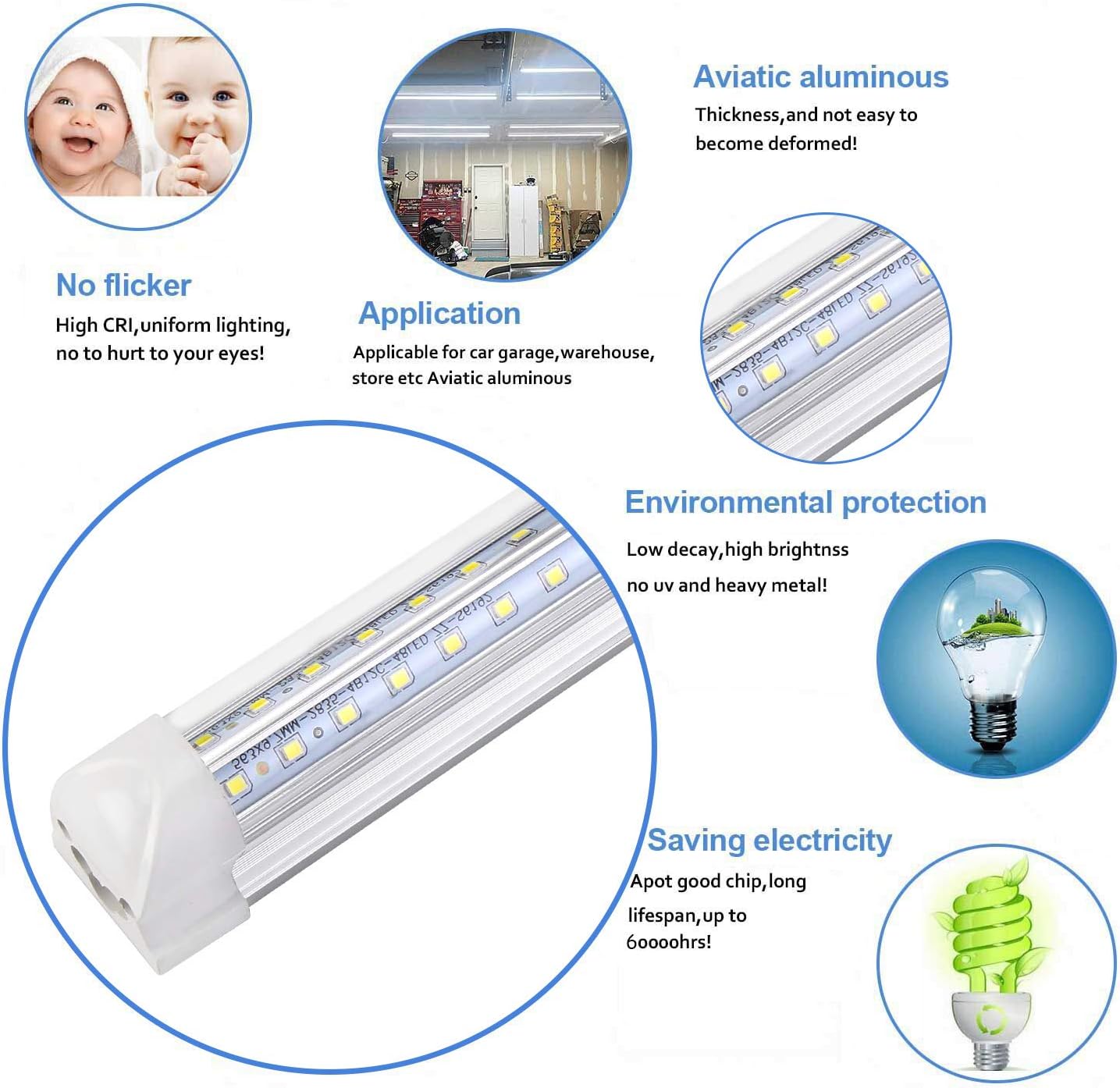 Henwsi 8FT LED Shop Light Fixture, White 10 Pack T8 Integrated Tube Lights, 72W 9500LM 6500K High Output Clear Cover, V Shape 270 Degree Lighting for Garage Warehouse, Upgraded Lights Plug and Play
